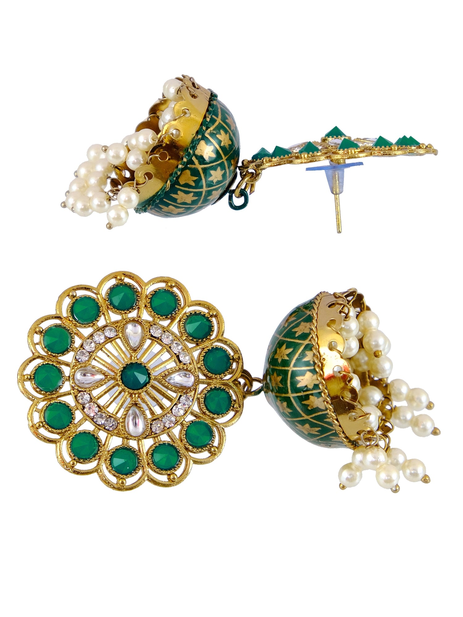 Traditional Gold Plated Green Floral & Pearl Jhumka Earrings - Exquisite Traditional Jewellery