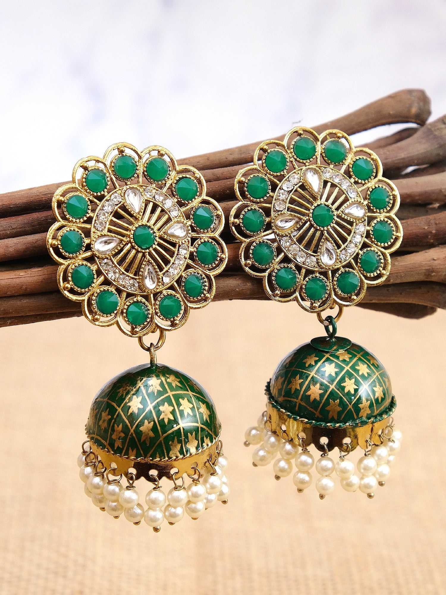 Traditional Gold Plated Green Floral & Pearl Jhumka Earrings - Exquisite Traditional Jewellery