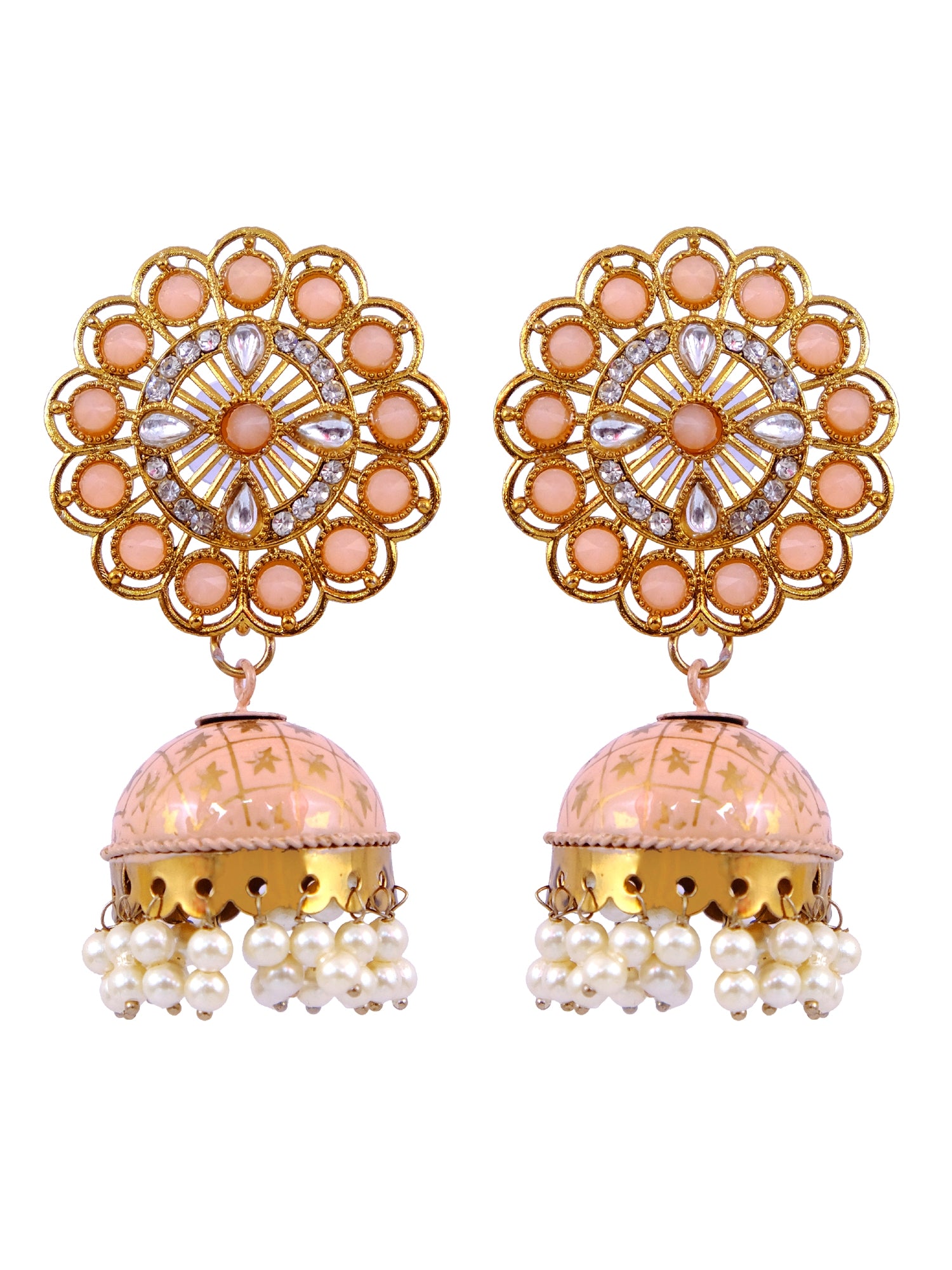 Traditional Floral Pink Jhumki Earrings - Gold Plated, Round & Long