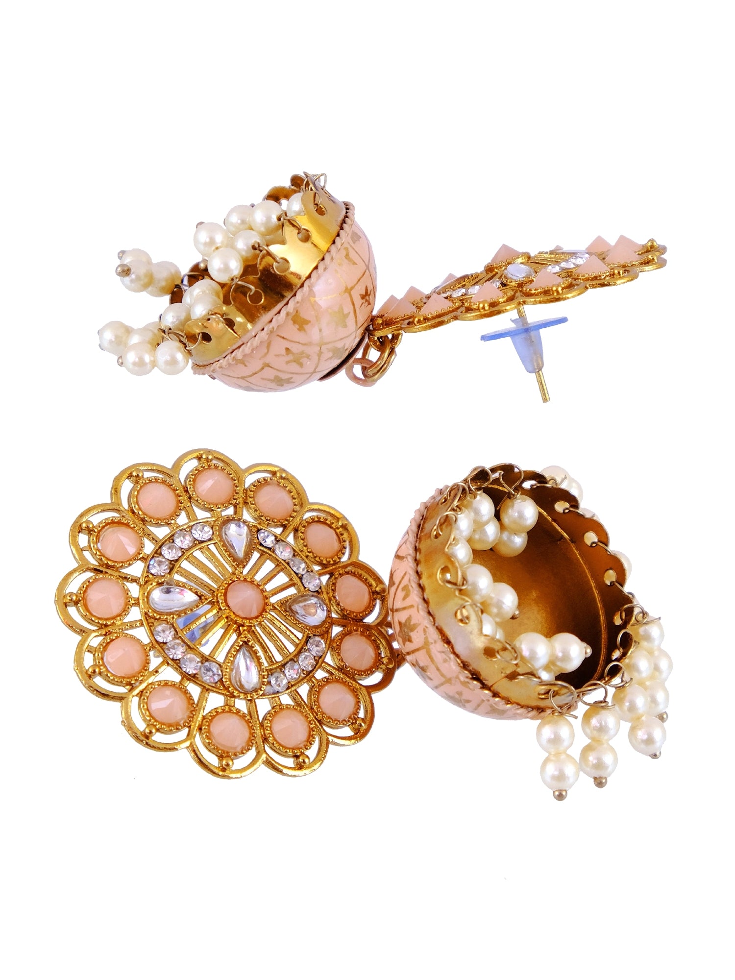 Traditional Floral Pink Jhumki Earrings - Gold Plated, Round & Long