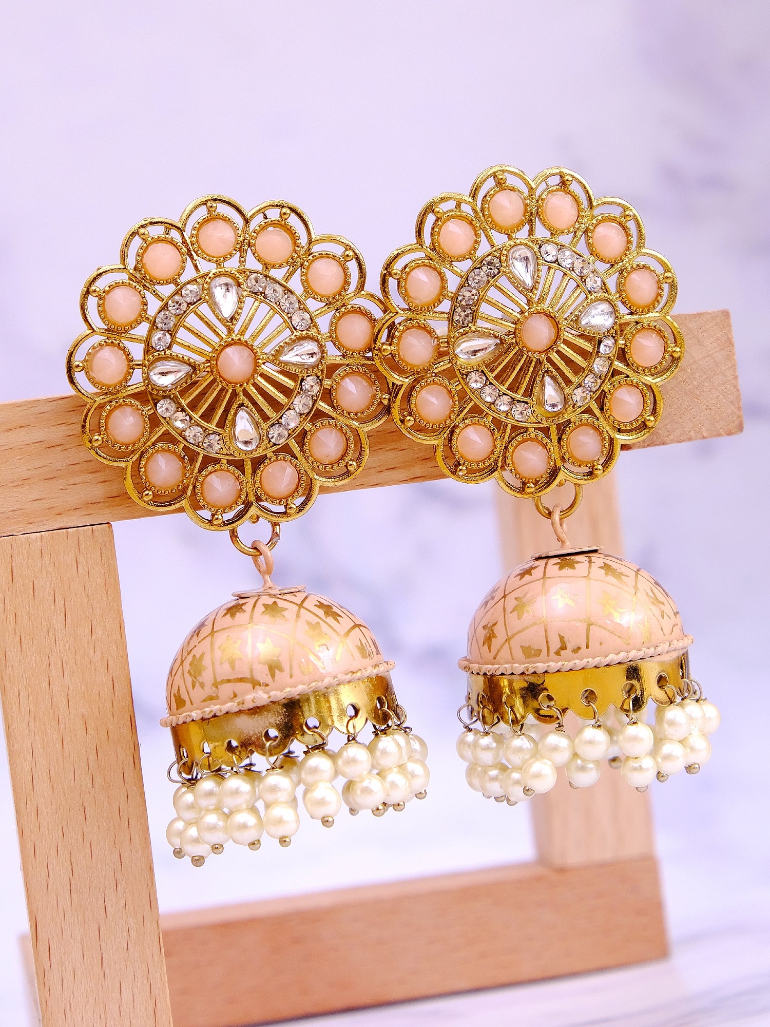 Traditional Floral Pink Jhumki Earrings - Gold Plated, Round & Long