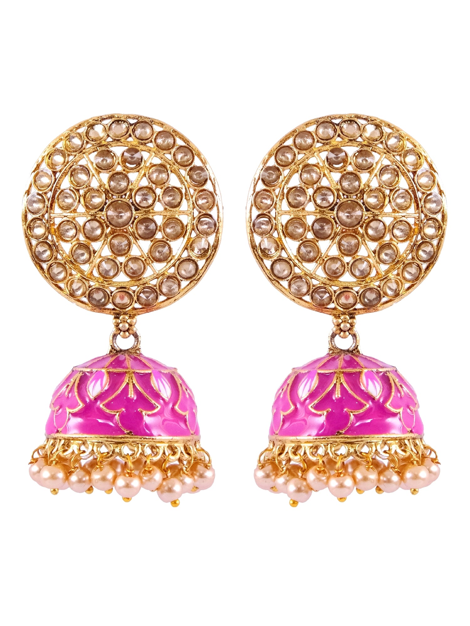 Traditional Meenakari Design Gold-Plated Pink Jhumka Earrings