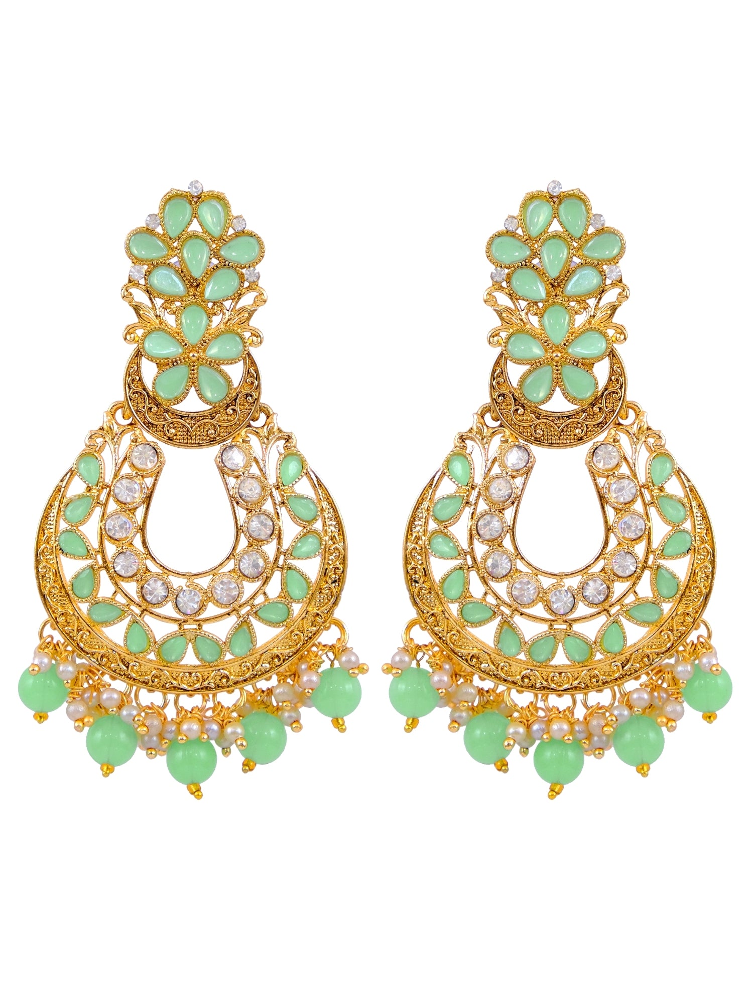 Designer Traditional Gold-Plated Earrings with SeaGreen Stone and Floral Double Danglers for Women and Girls