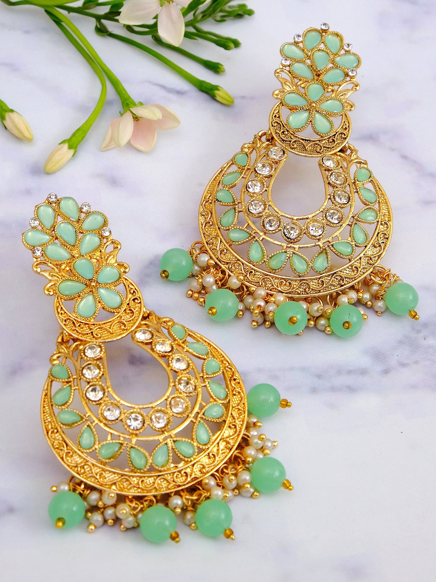 Designer Traditional Gold-Plated Earrings with SeaGreen Stone and Floral Double Danglers for Women and Girls