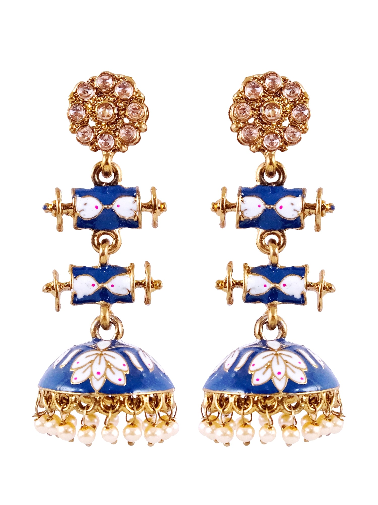 Golden Long Jhumka Earrings with Double-Step Blue Kundan Layering for Women