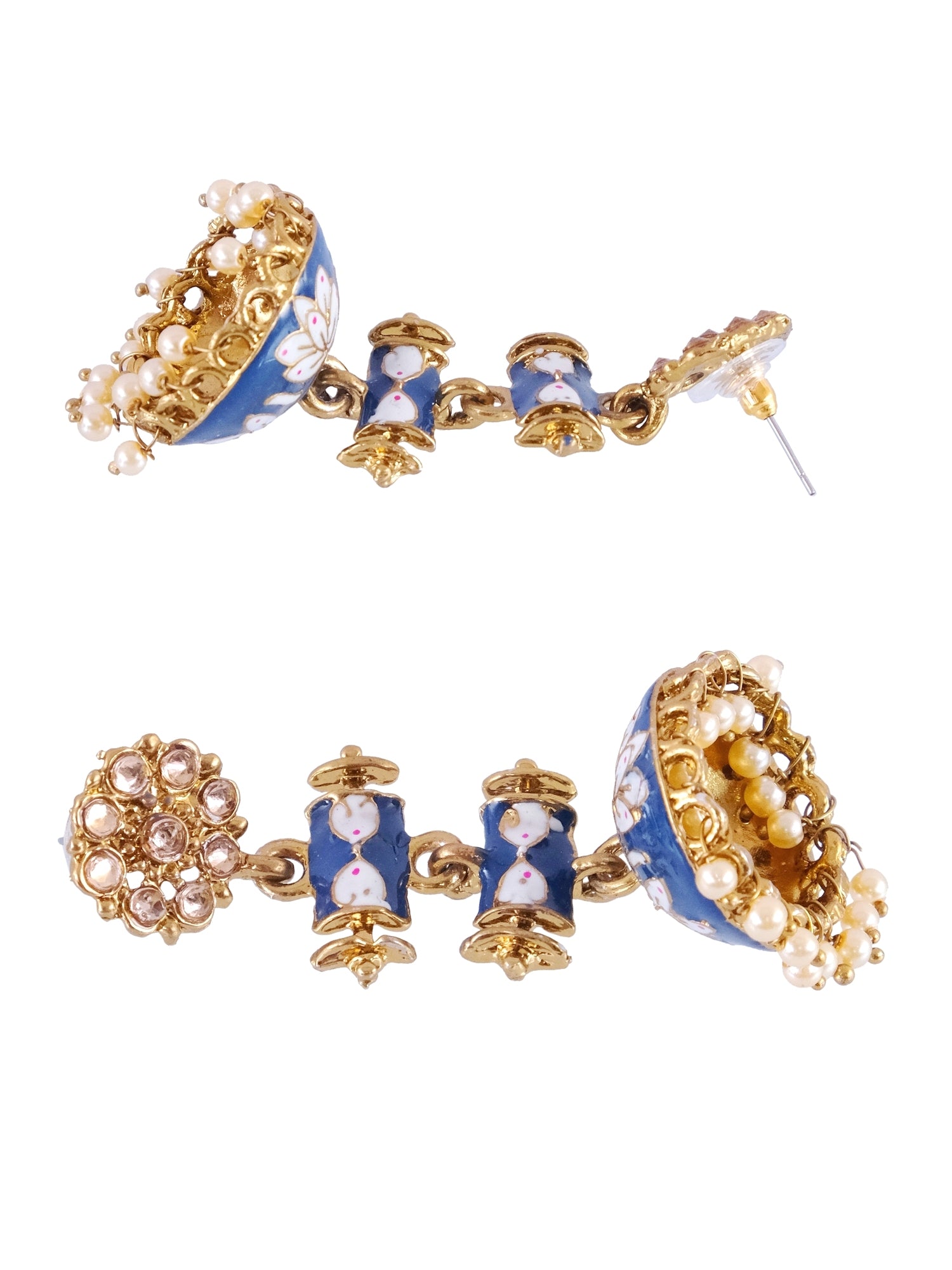 Golden Long Jhumka Earrings with Double-Step Blue Kundan Layering for Women