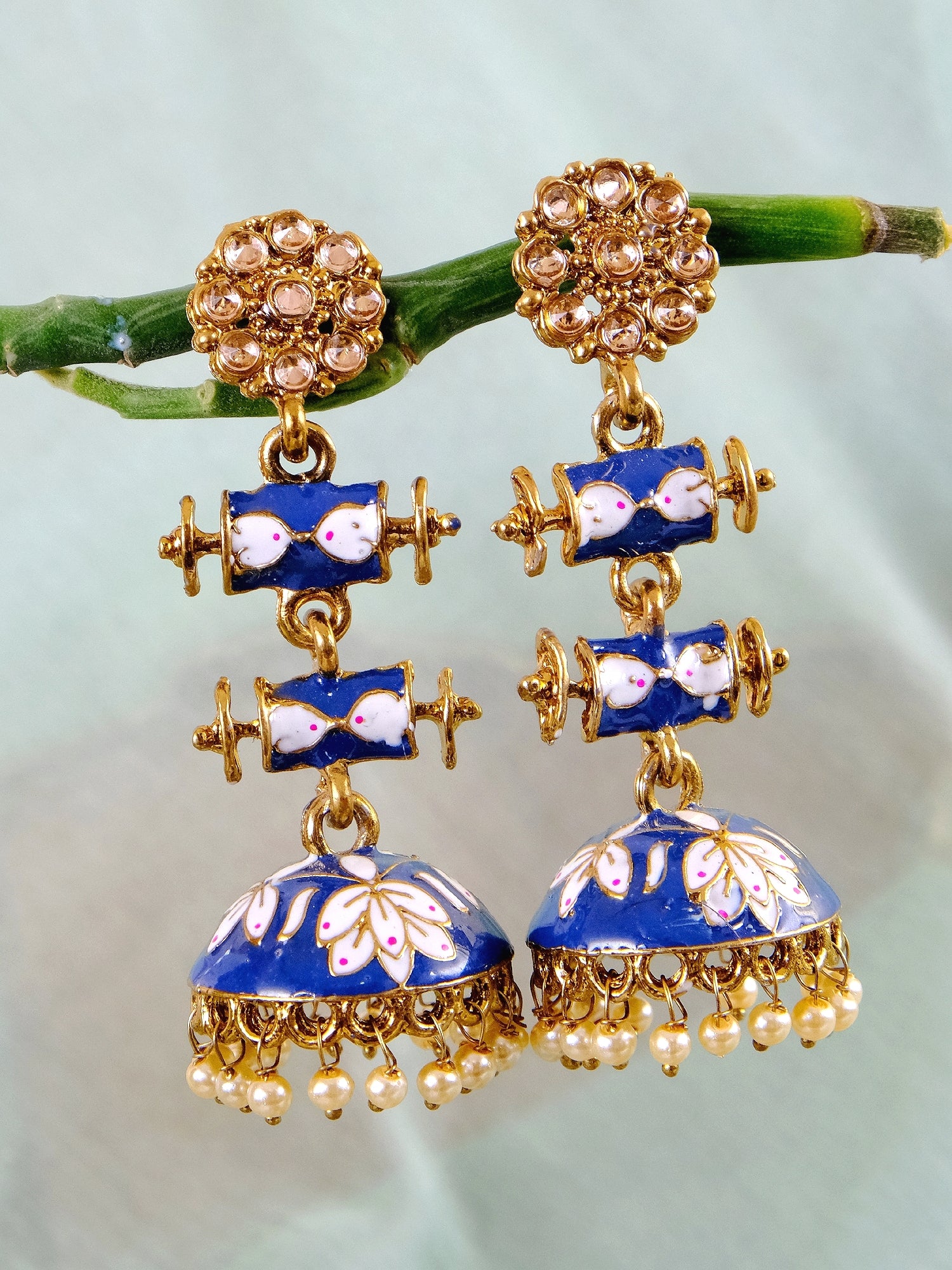 Golden Long Jhumka Earrings with Double-Step Blue Kundan Layering for Women