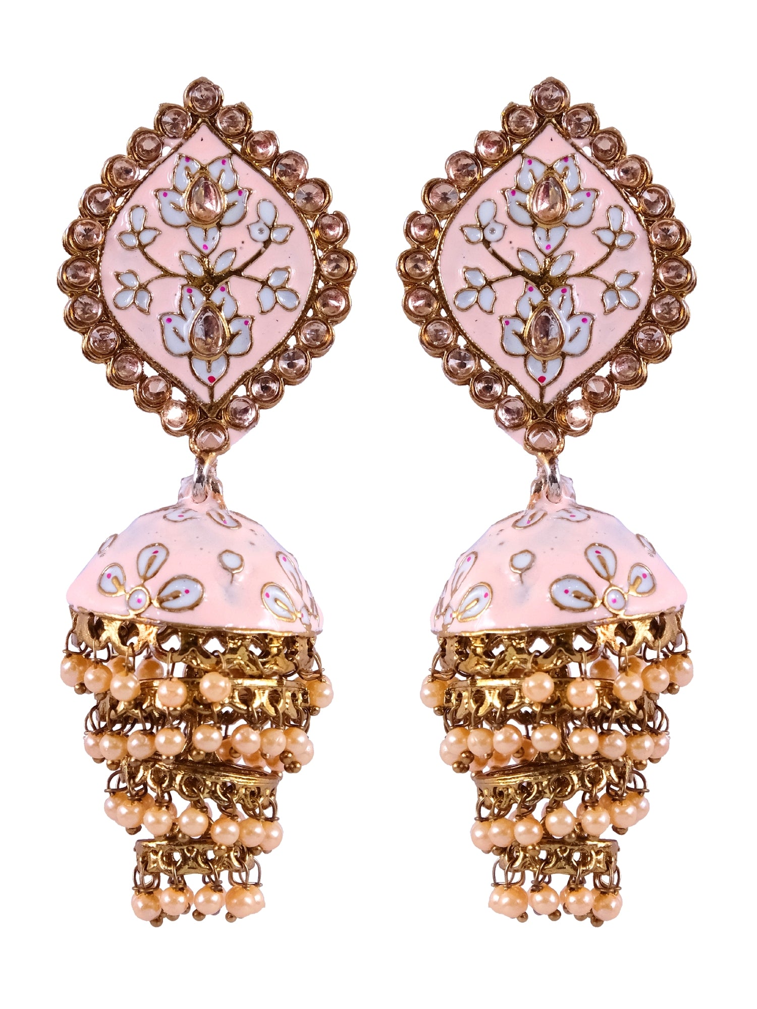 Traditional Gold-Plated Meenakari Jhumki Earrings with Light Pink Layering