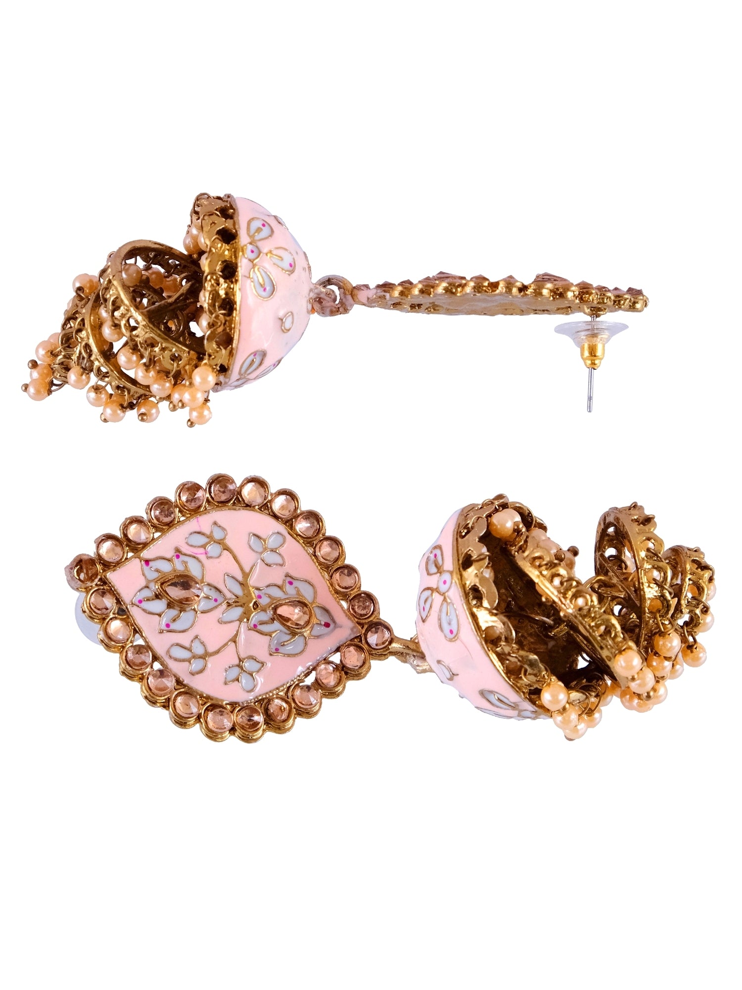 Traditional Gold-Plated Meenakari Jhumki Earrings with Light Pink Layering