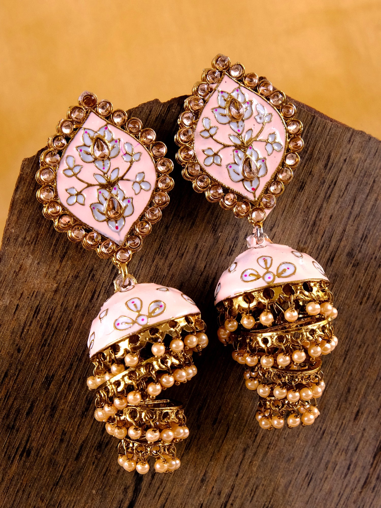 Traditional Gold-Plated Meenakari Jhumki Earrings with Light Pink Layering