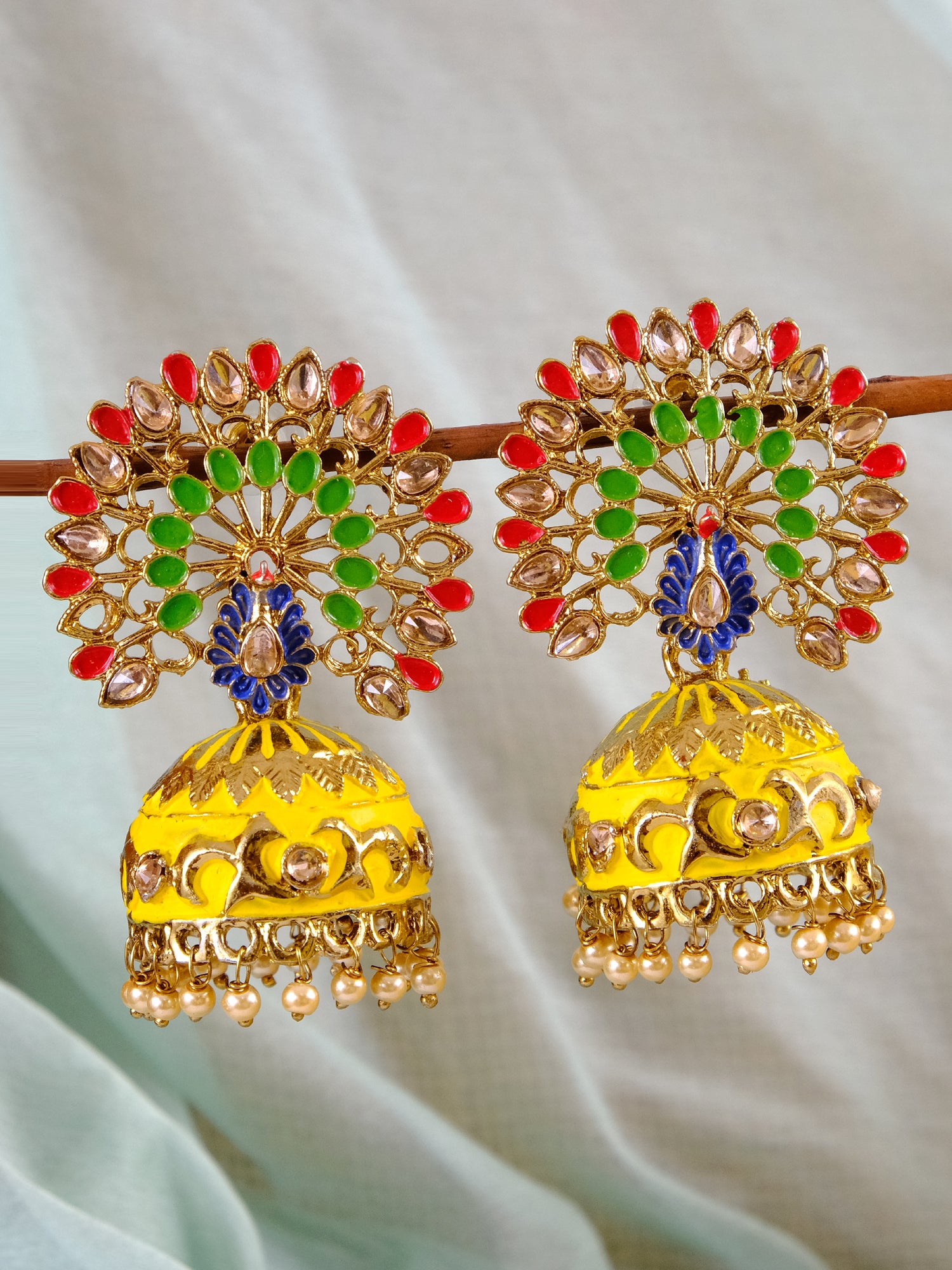 Exquisite Meenakari Peacock Inspired Gold-Plated Traditional Jhumka Earrings