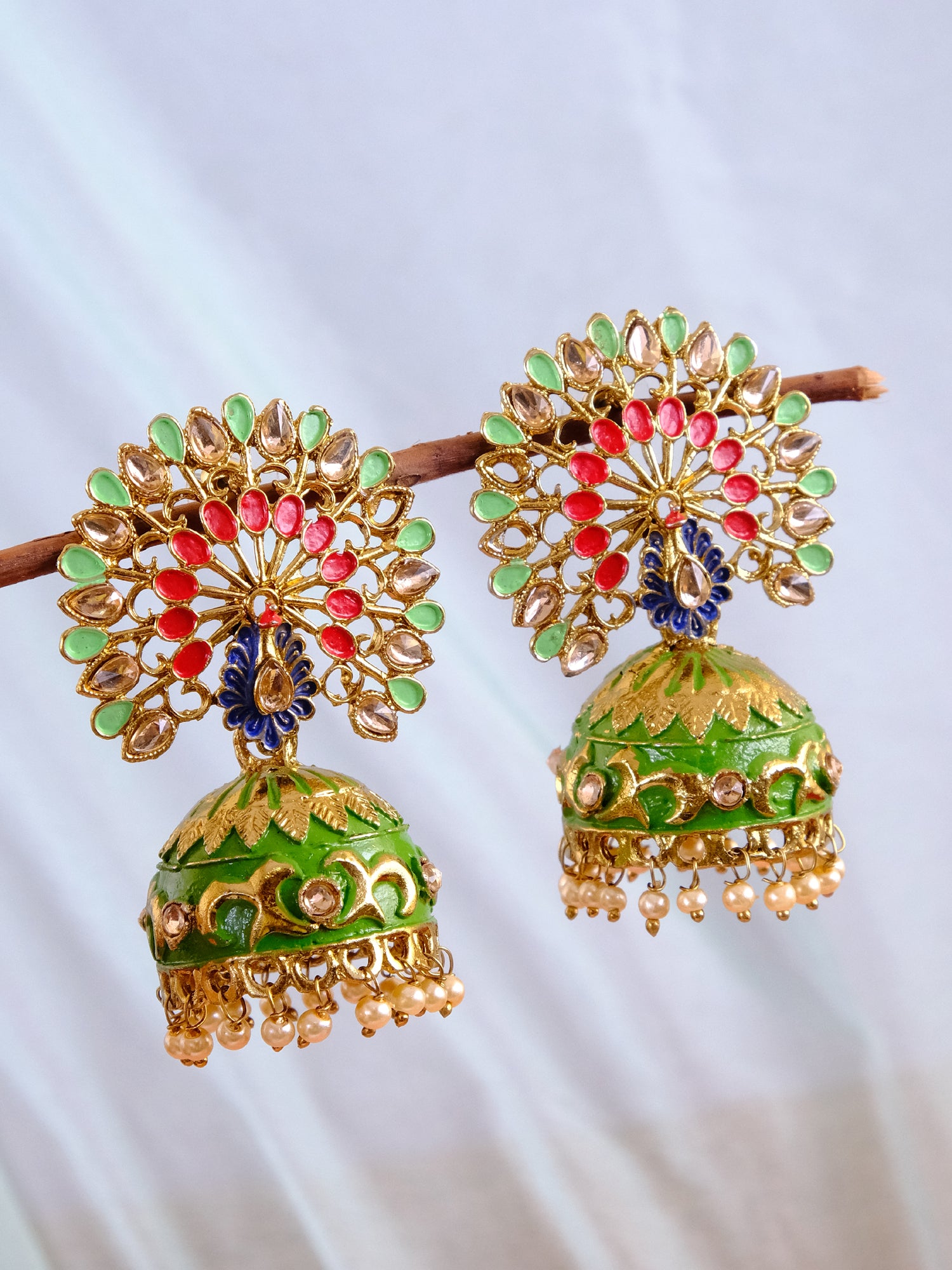 Stunning Peacock Jhumka Earrings: Multicolor, Gold-Plated Traditional Design for Women and Girls