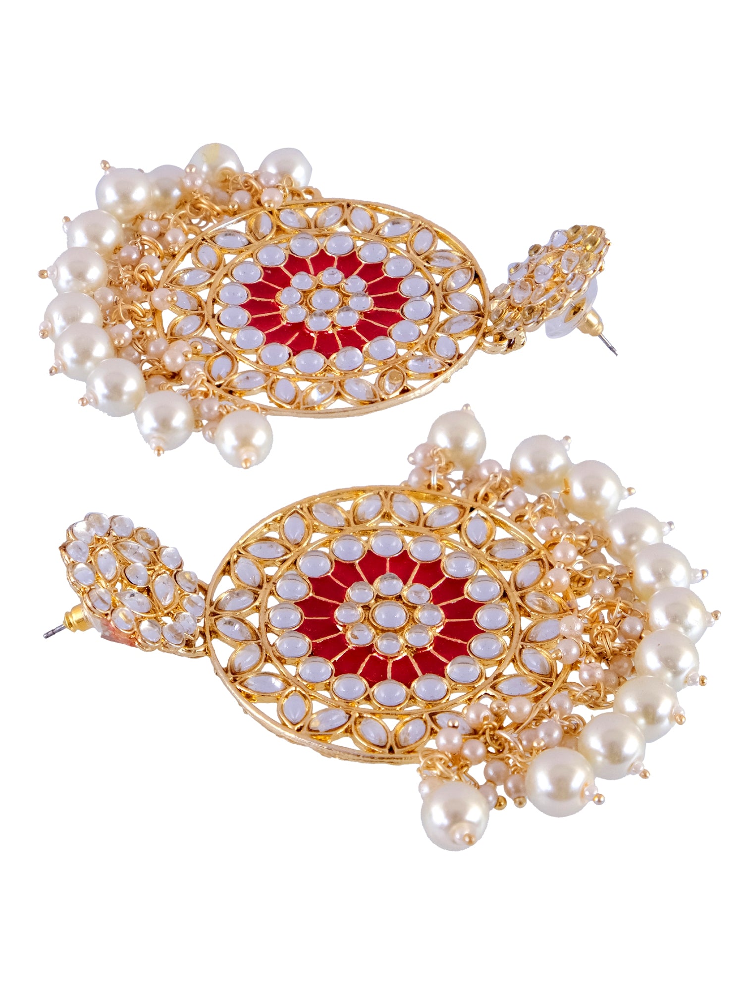 Gold-Plated Kundan & White Pearl Dangler Earrings for Women - Perfect Red Saree Jewellery