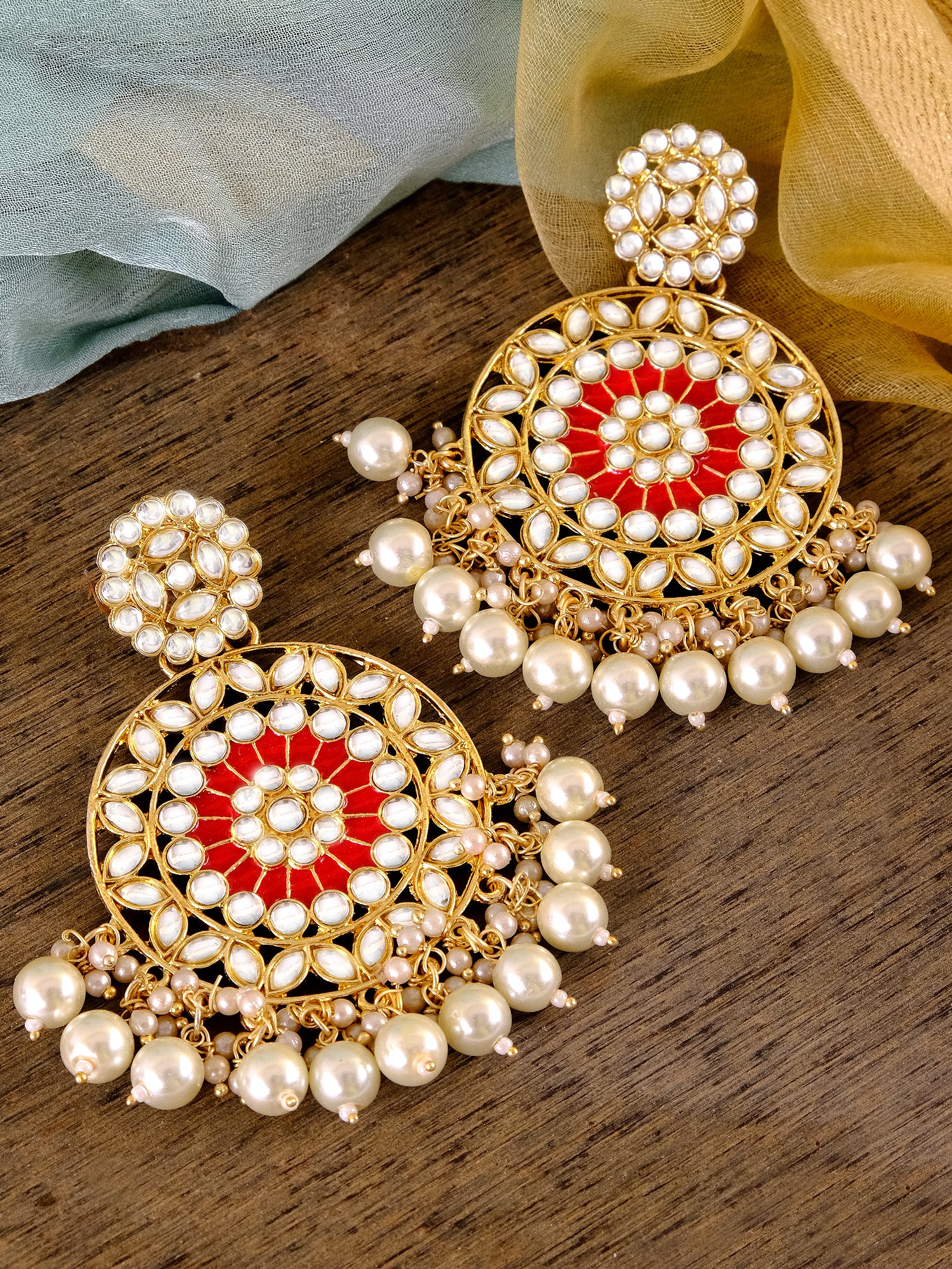 Gold-Plated Kundan & White Pearl Dangler Earrings for Women - Perfect Red Saree Jewellery