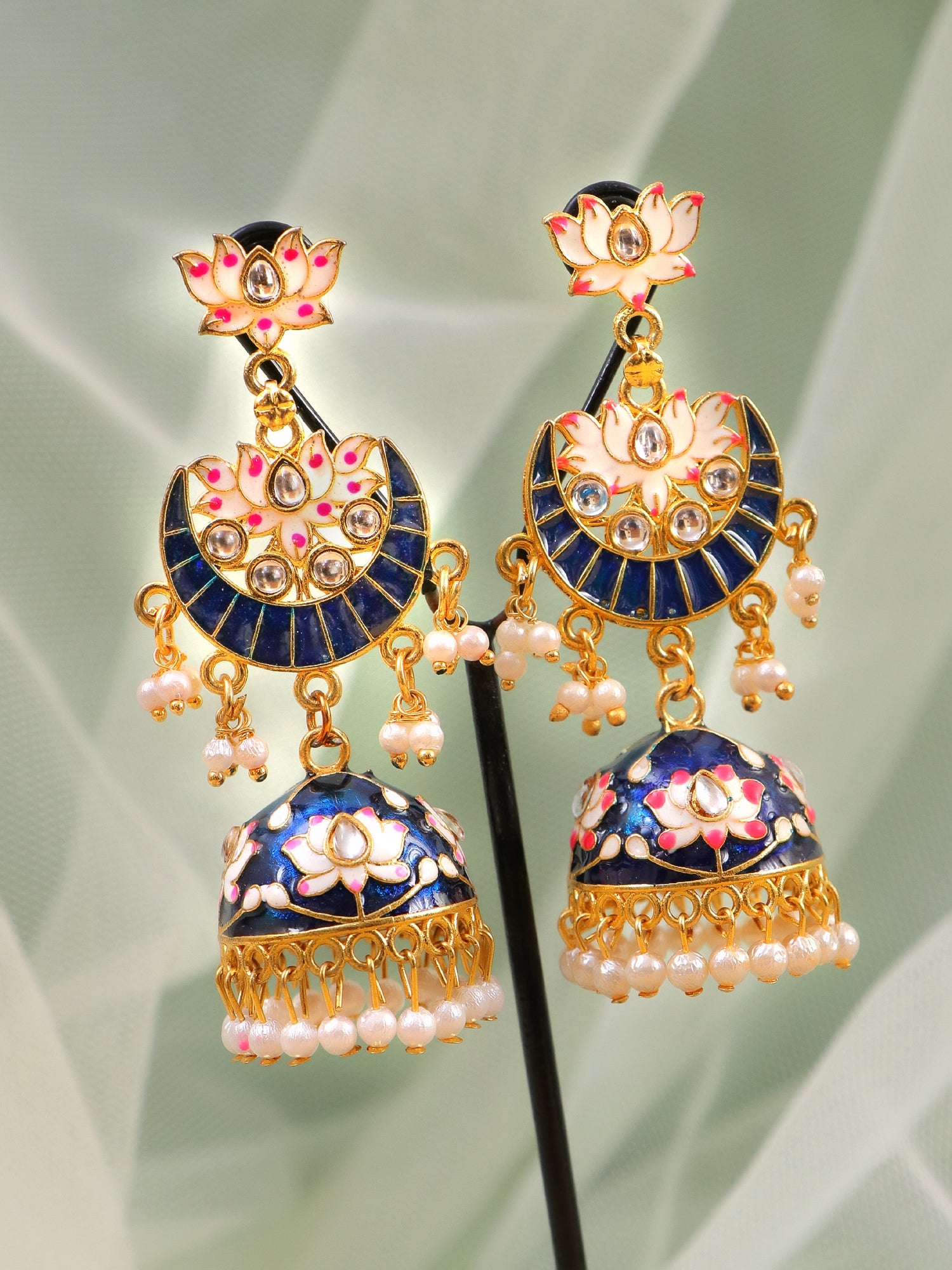 Navy-Blue and Golden Meenakari Cradle Earrings | Exotic India Art