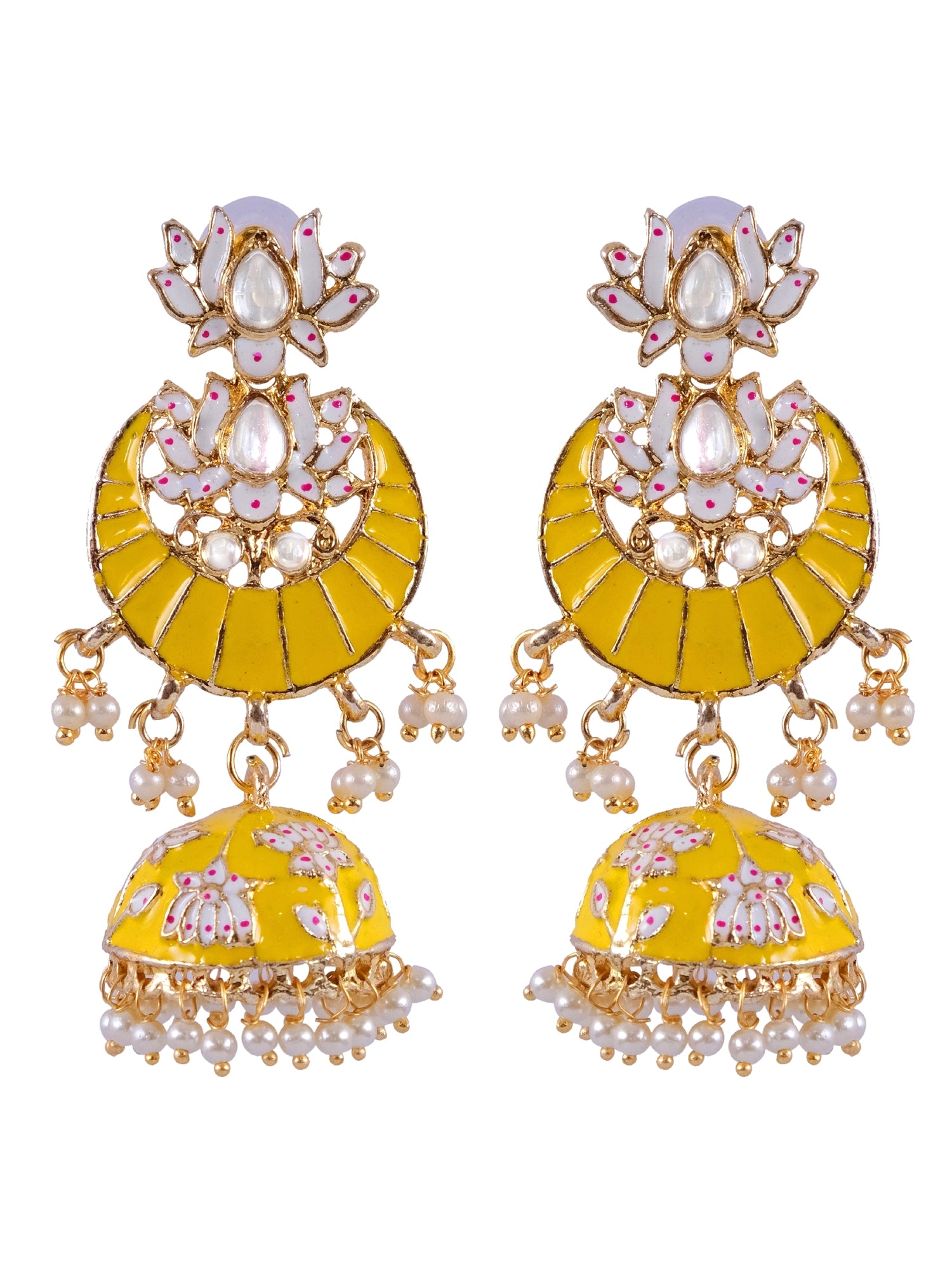 Ethnic Gold-Plated Lotus Style Yellow Jhumka Earrings With White Pearls