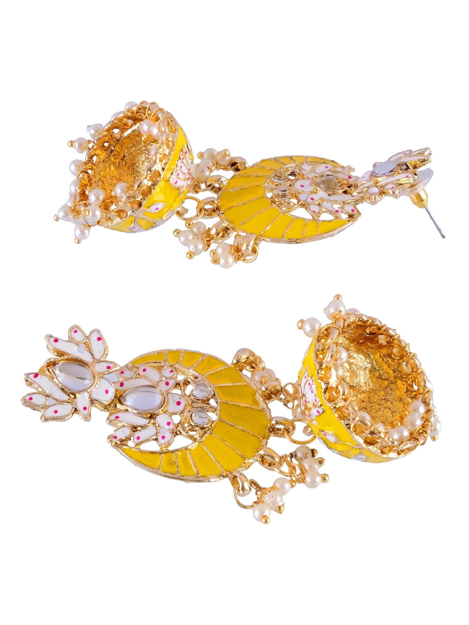 Ethnic Gold-Plated Lotus Style Yellow Jhumka Earrings With White Pearls