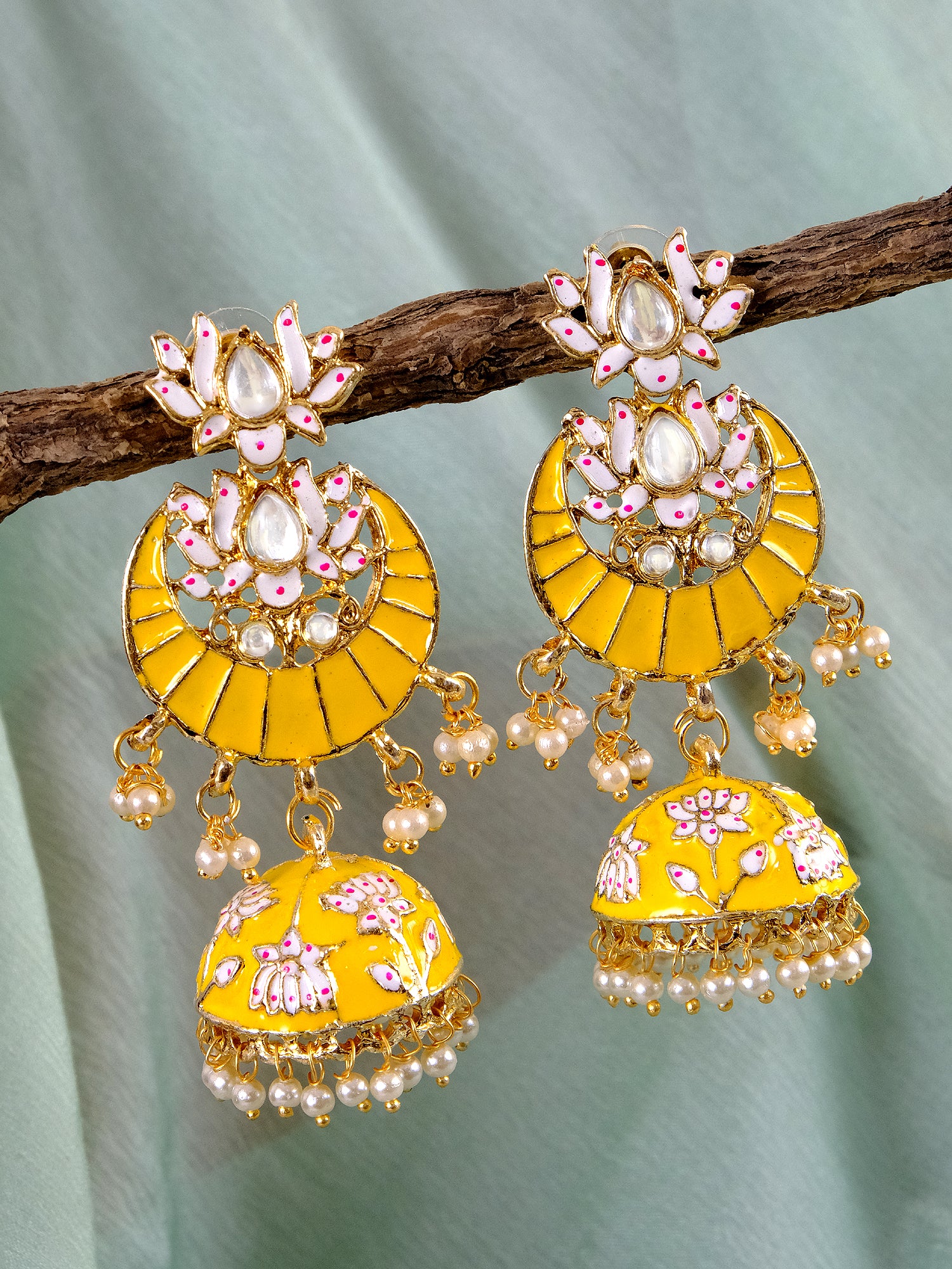 Ethnic Gold-Plated Lotus Style Yellow Jhumka Earrings With White Pearls