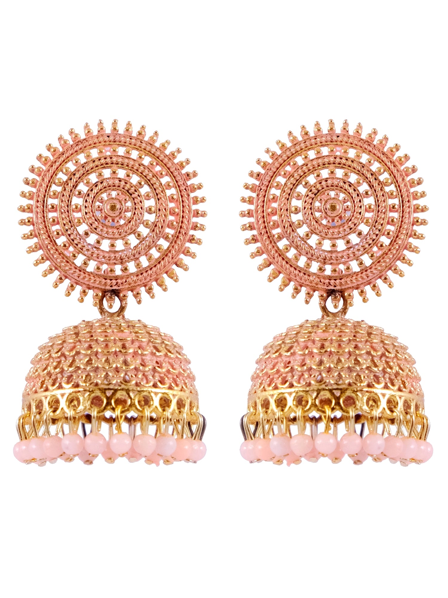 Gold-Plated Round Peach Pearls Jhumka Earrings for Women, Ideal Jewellery for Pink Saree
