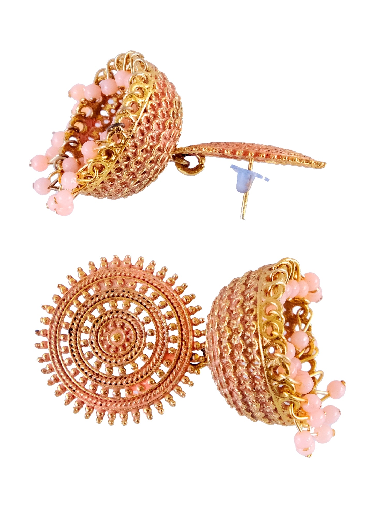 Gold-Plated Round Peach Pearls Jhumka Earrings for Women, Ideal Jewellery for Pink Saree