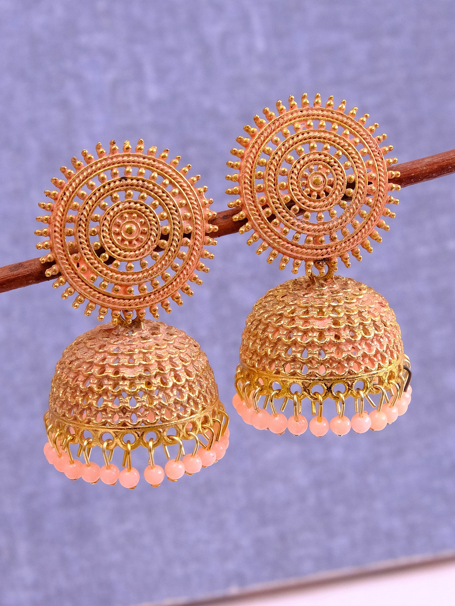 Gold-Plated Round Peach Pearls Jhumka Earrings for Women, Ideal Jewellery for Pink Saree