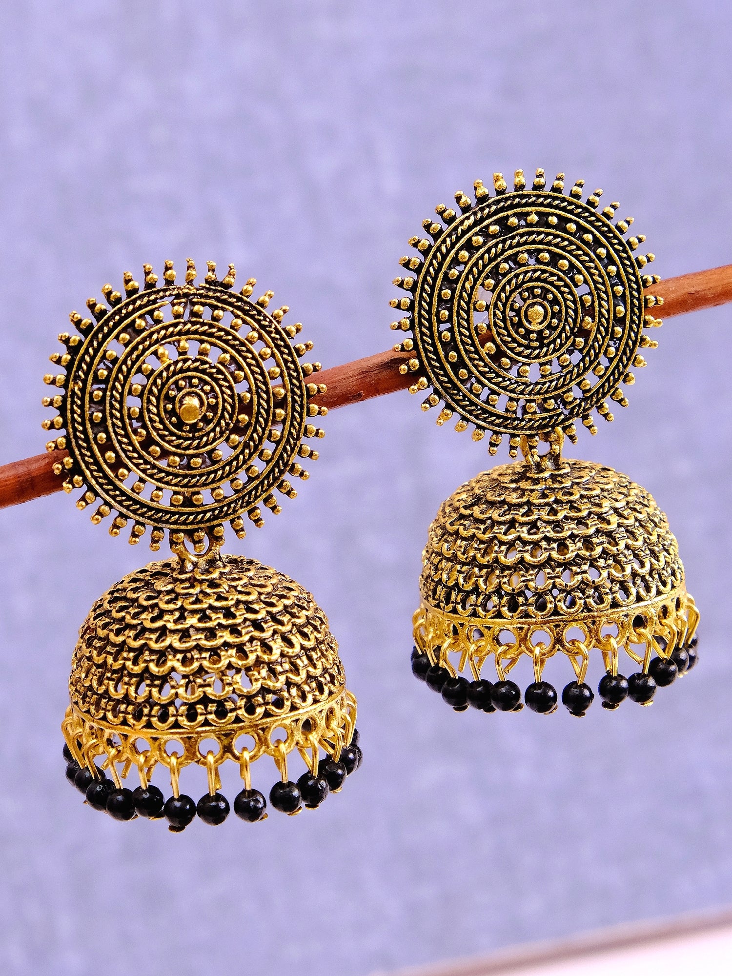Elegant Gold-Plated Jhumka Earrings with Round Black Pearls for Women