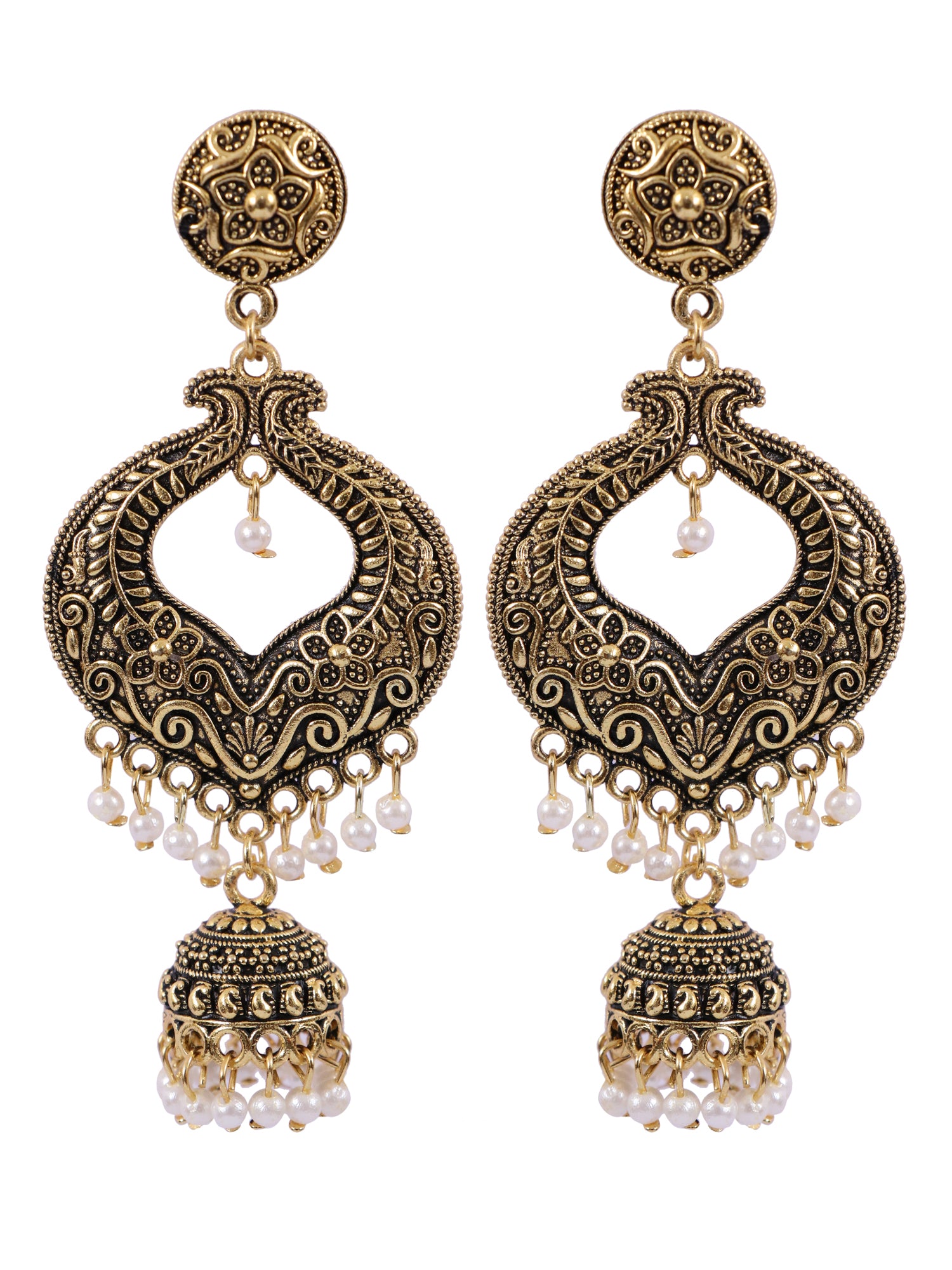 Traditional Antique Gold-Plated Jhumka Earrings with White Pearls
