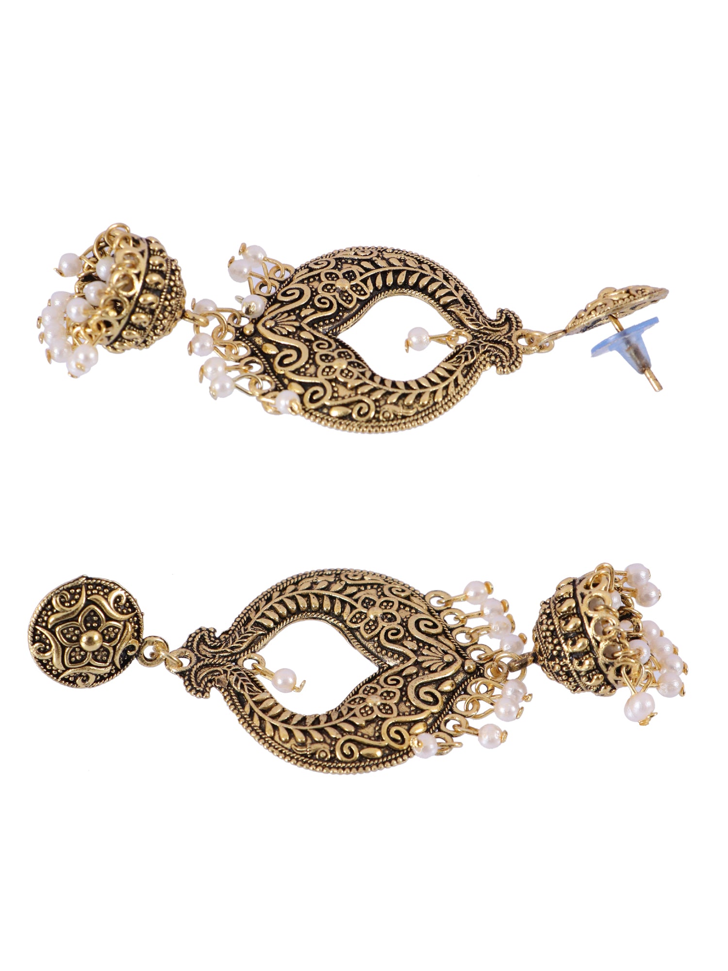 Traditional Antique Gold-Plated Jhumka Earrings with White Pearls