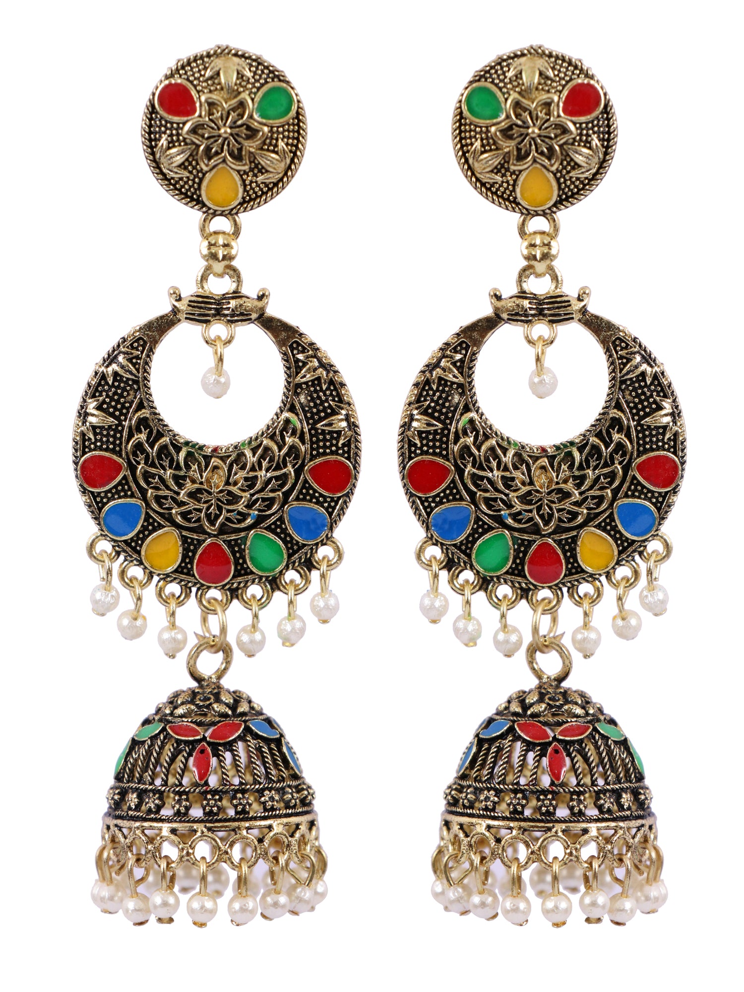 Oxidised Gold-Plated, Bridal Antique Multicolor Jhumka Earrings in Latest Design