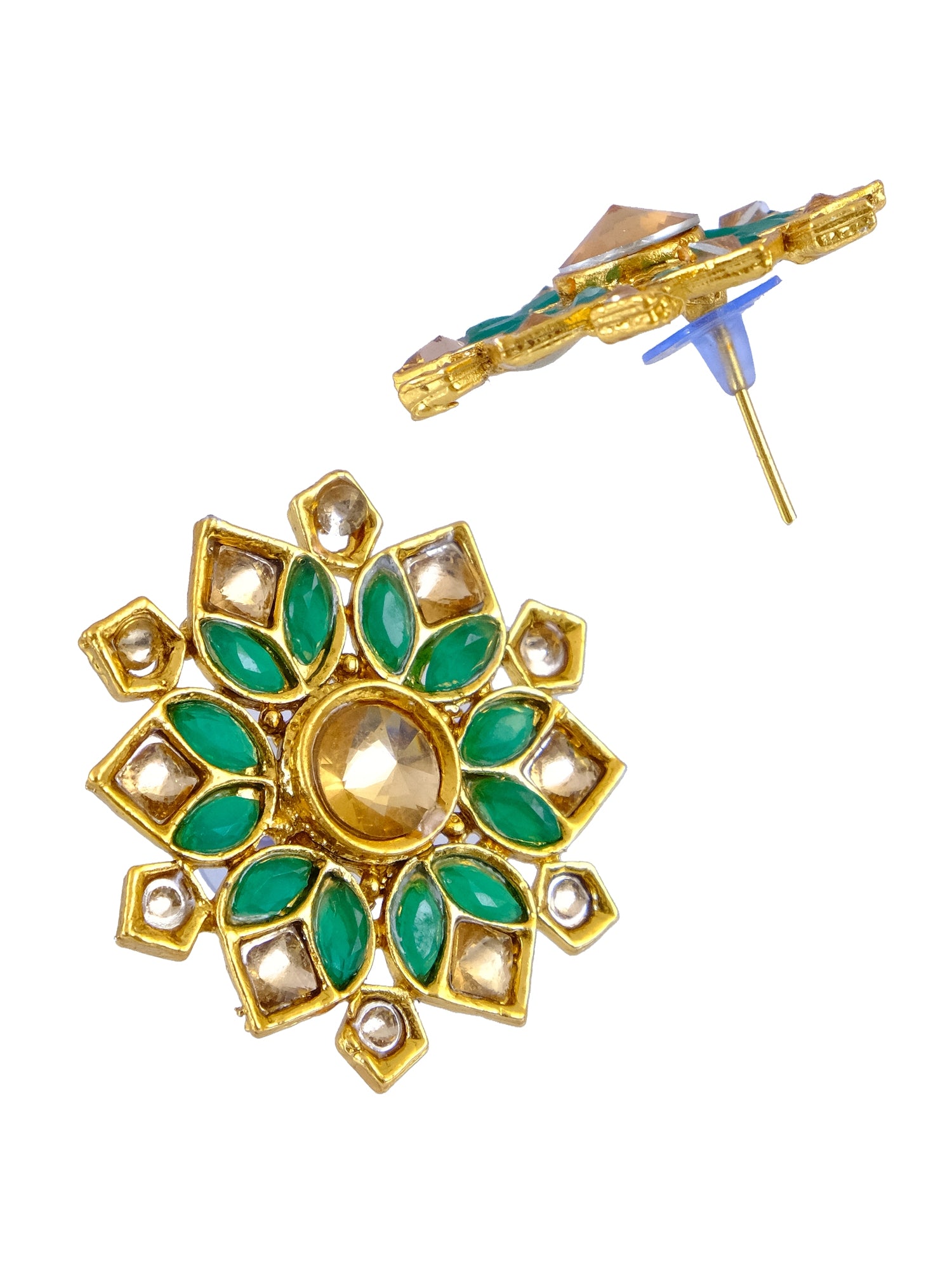 Floral Leaves Gold-Plated Stone Stud Earrings for Women - Perfect Match for Green Saree