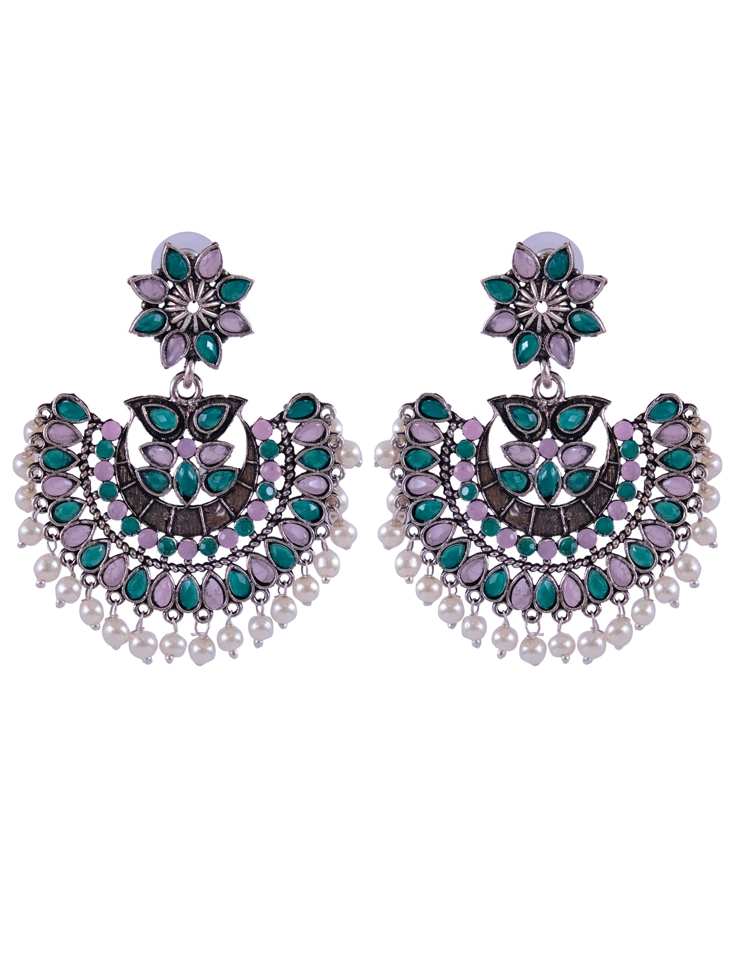 Oxidised Silver Kundan Pearl Chandbali Earrings for Women