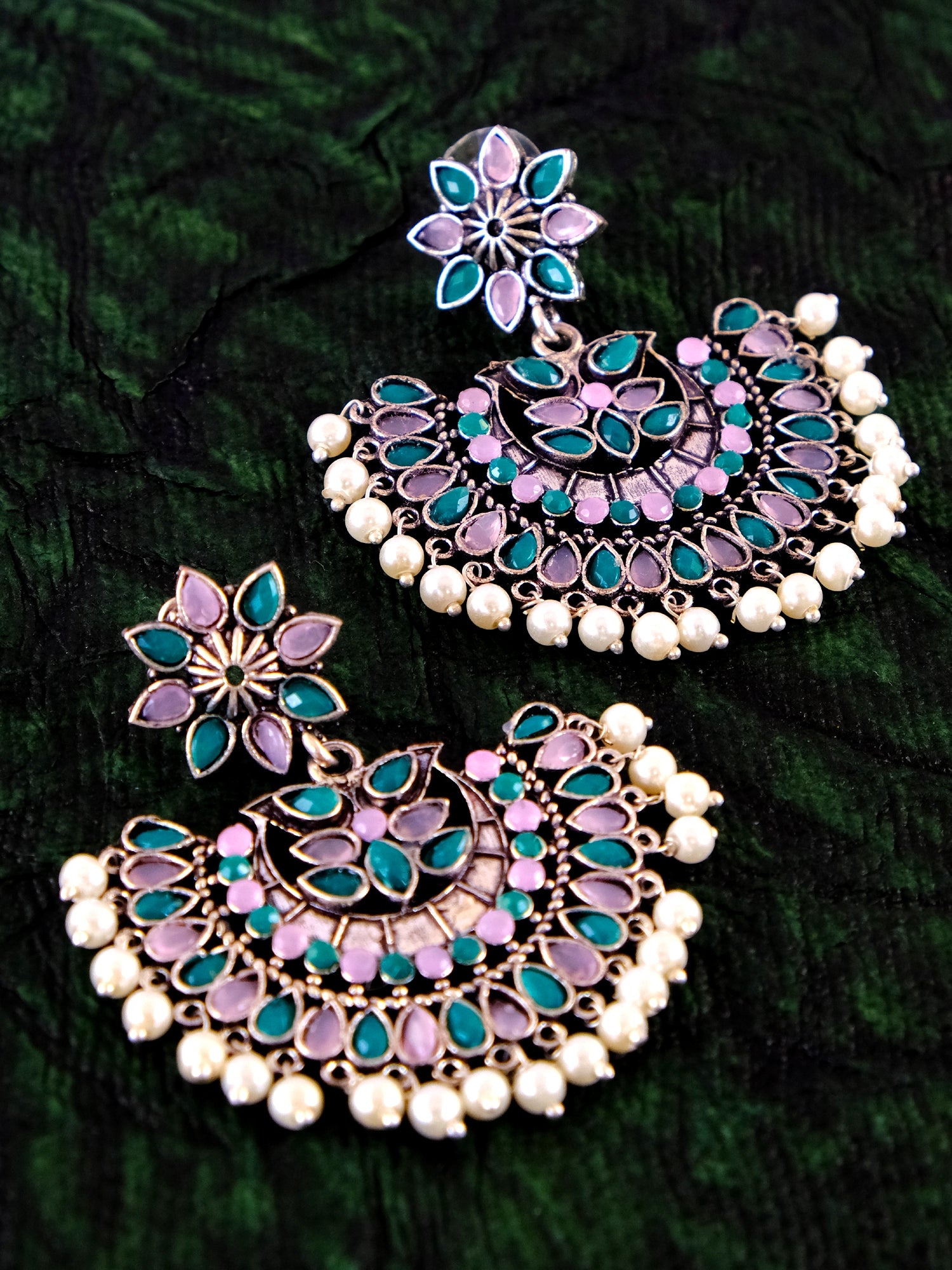 Oxidised Silver Kundan Pearl Chandbali Earrings for Women
