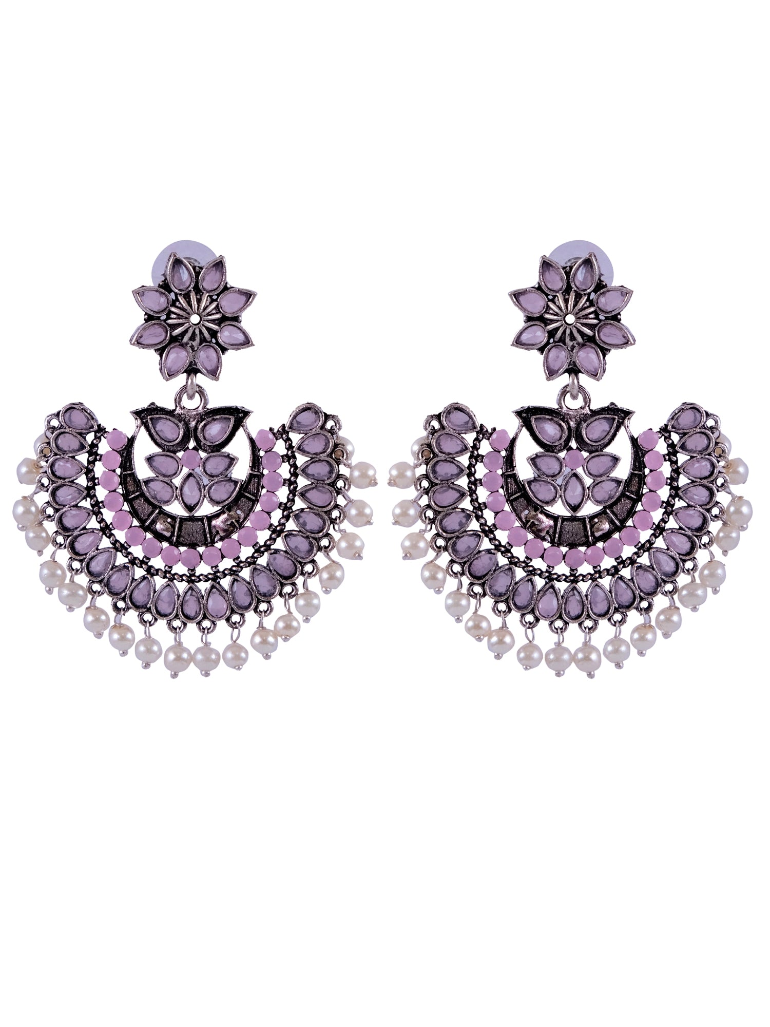 Oxidised Silver Kundan Pearl Chandbali Earrings for Women