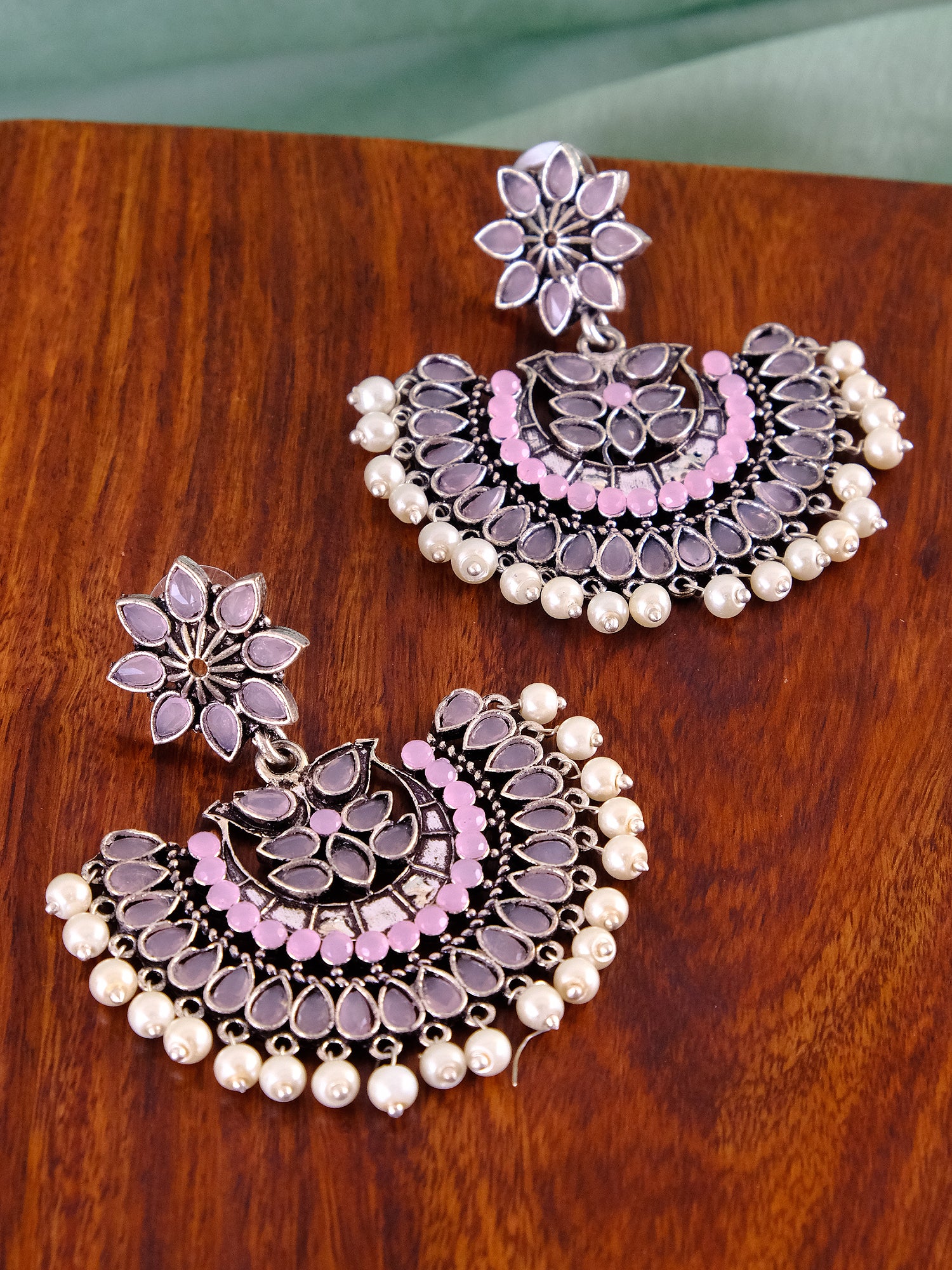 Oxidised Silver Kundan Pearl Chandbali Earrings for Women