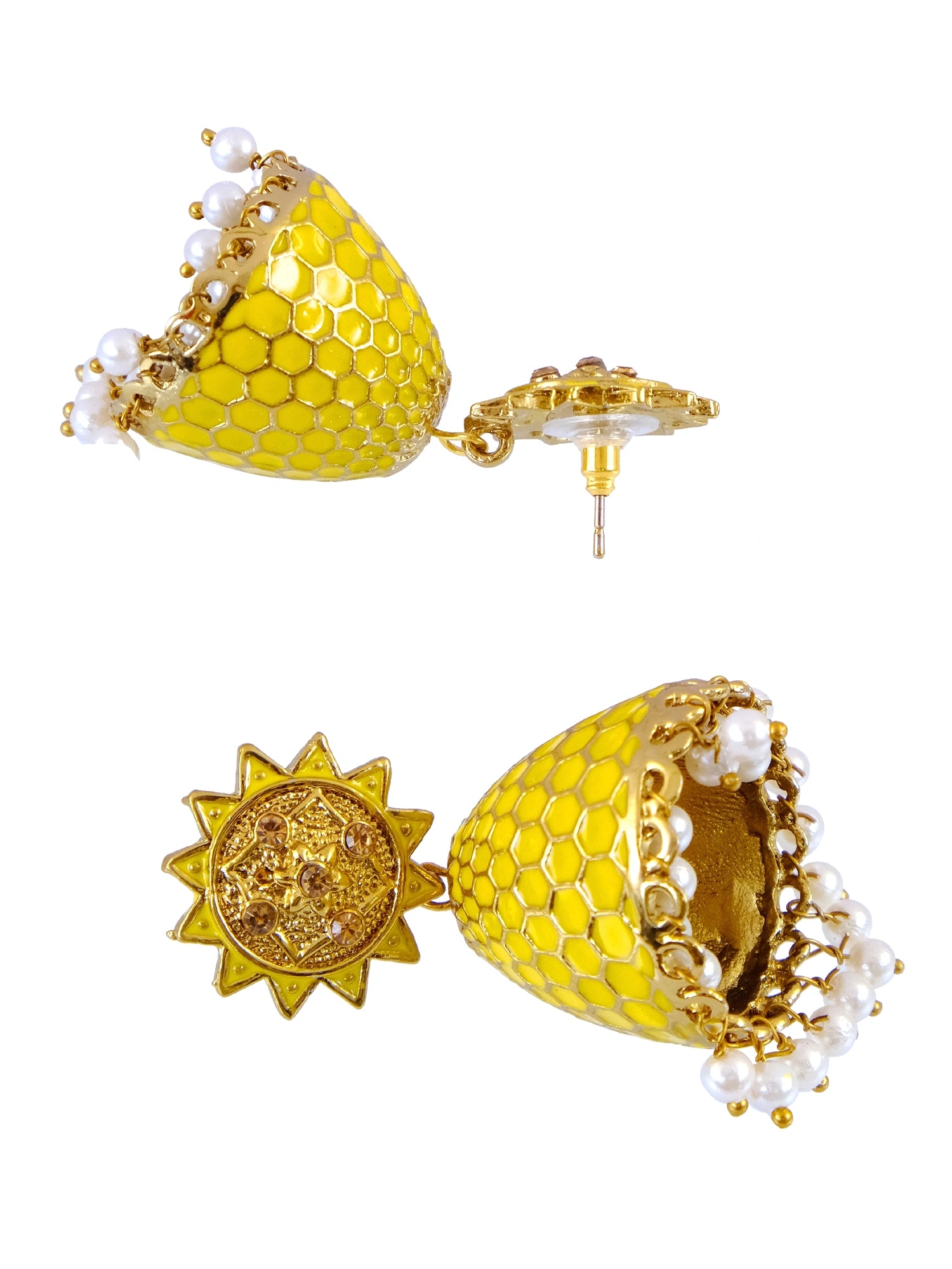 Regal Gold-Plated Kundan Round Jhumka Earrings for Women Perfect Stone Accessory on Yellow Saree