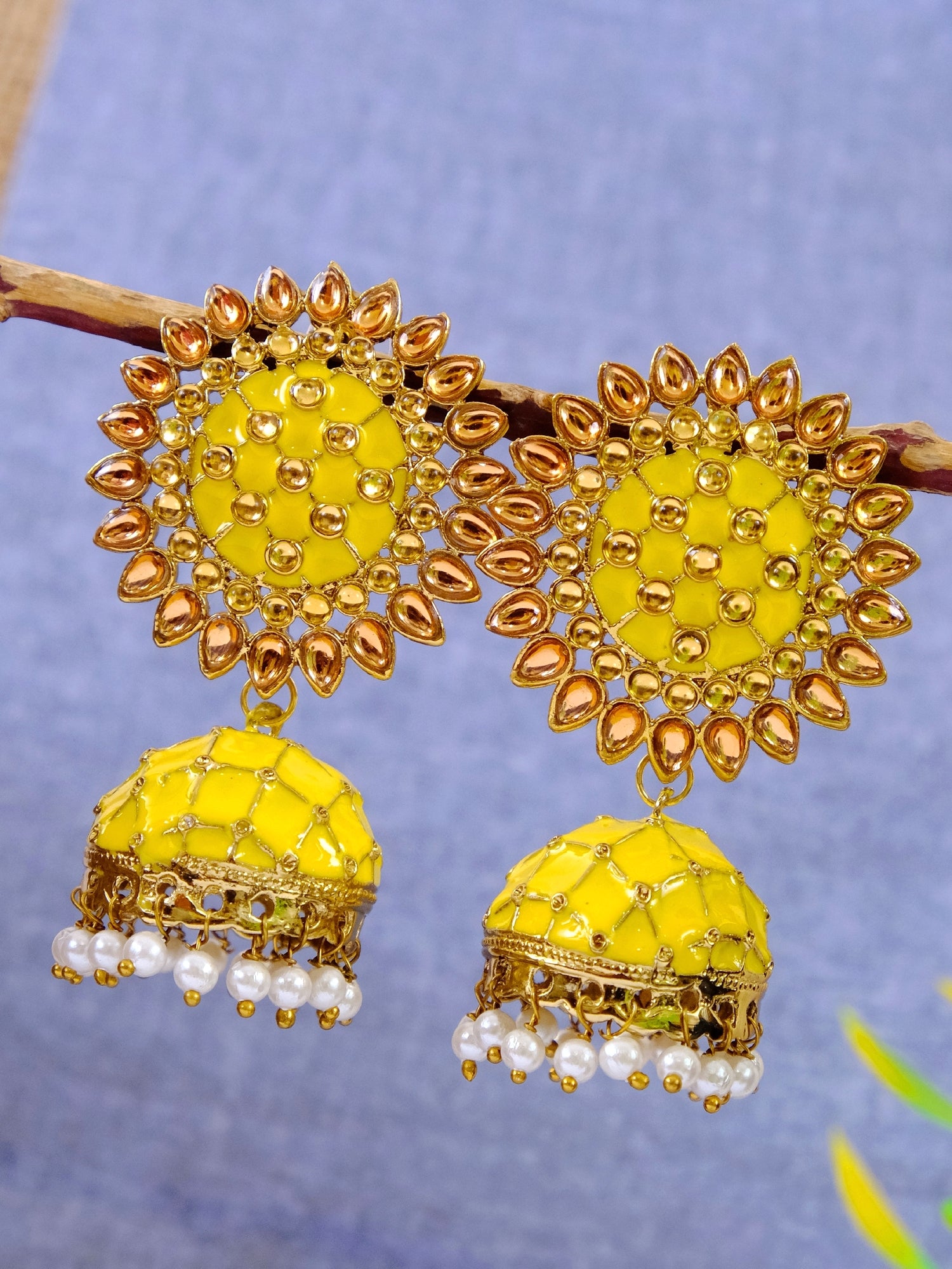 Indian GoldPlated Earrings  Kundan Yellow Round Wedding Bridal Jhumki Jhumka