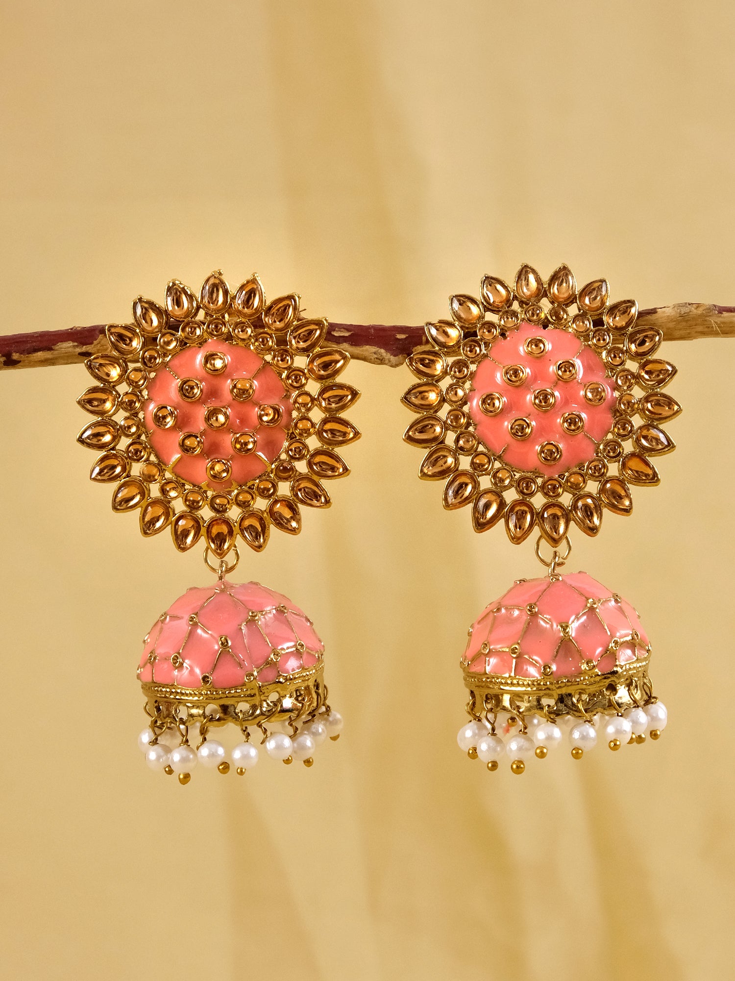 Indian GoldPlated Earrings  Kundan Yellow Round Wedding Bridal Jhumki Jhumka