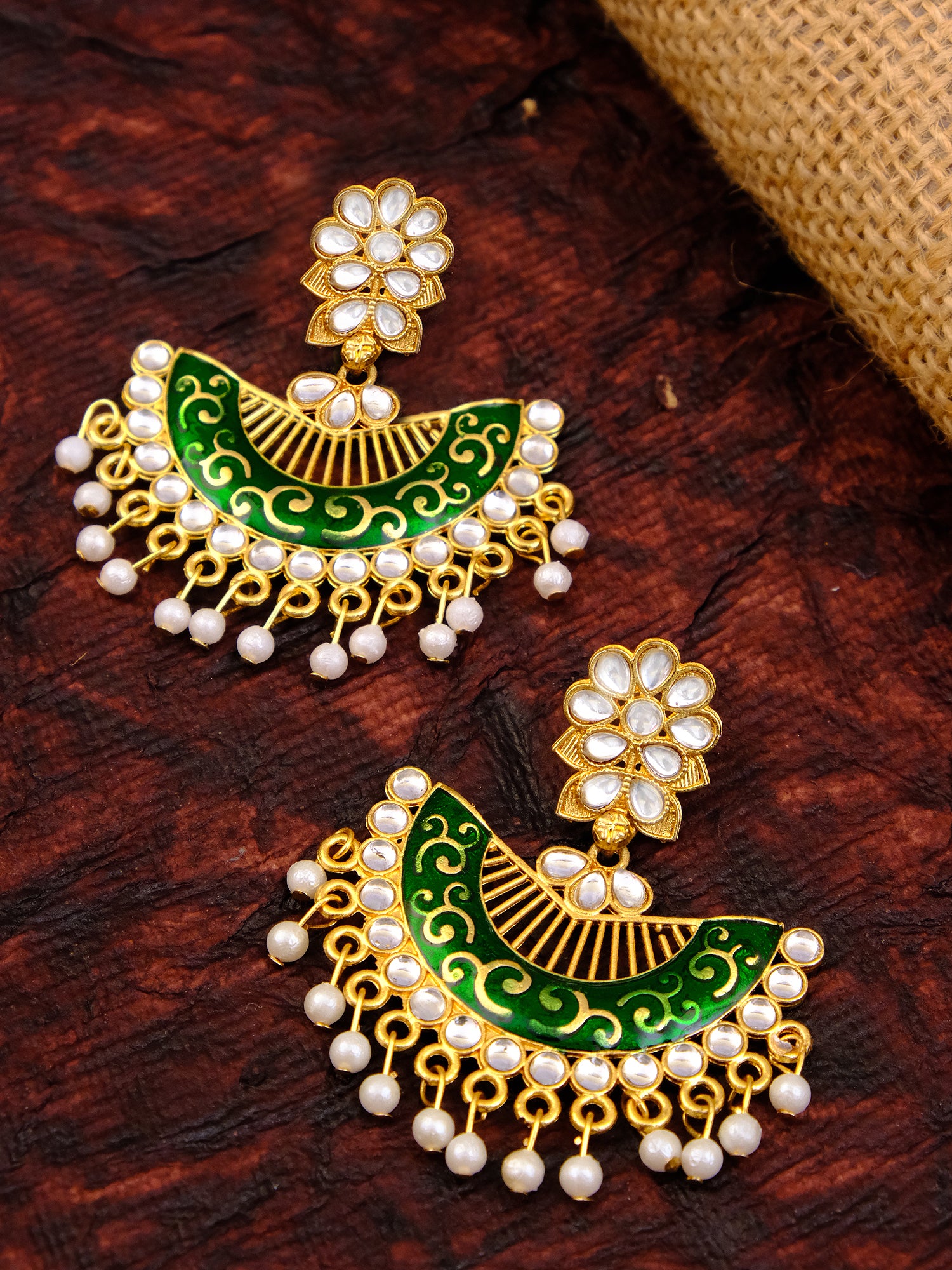 Chandbali Gold Earrings in Green for Women's Traditional Fashion