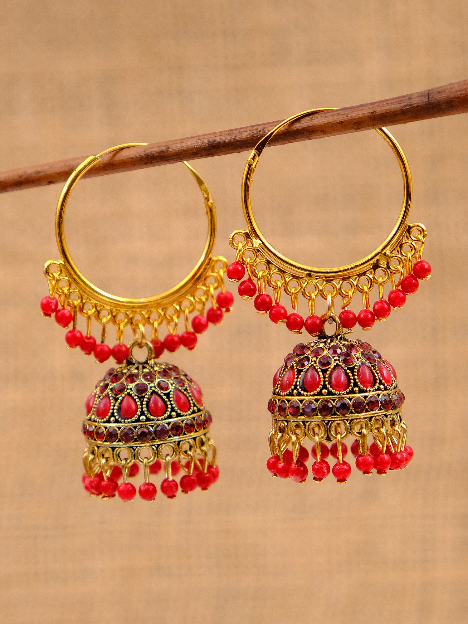 Women's Gold Plated Hoop Earrings with Jhumka - Stylish Stone Studded Red Dangler