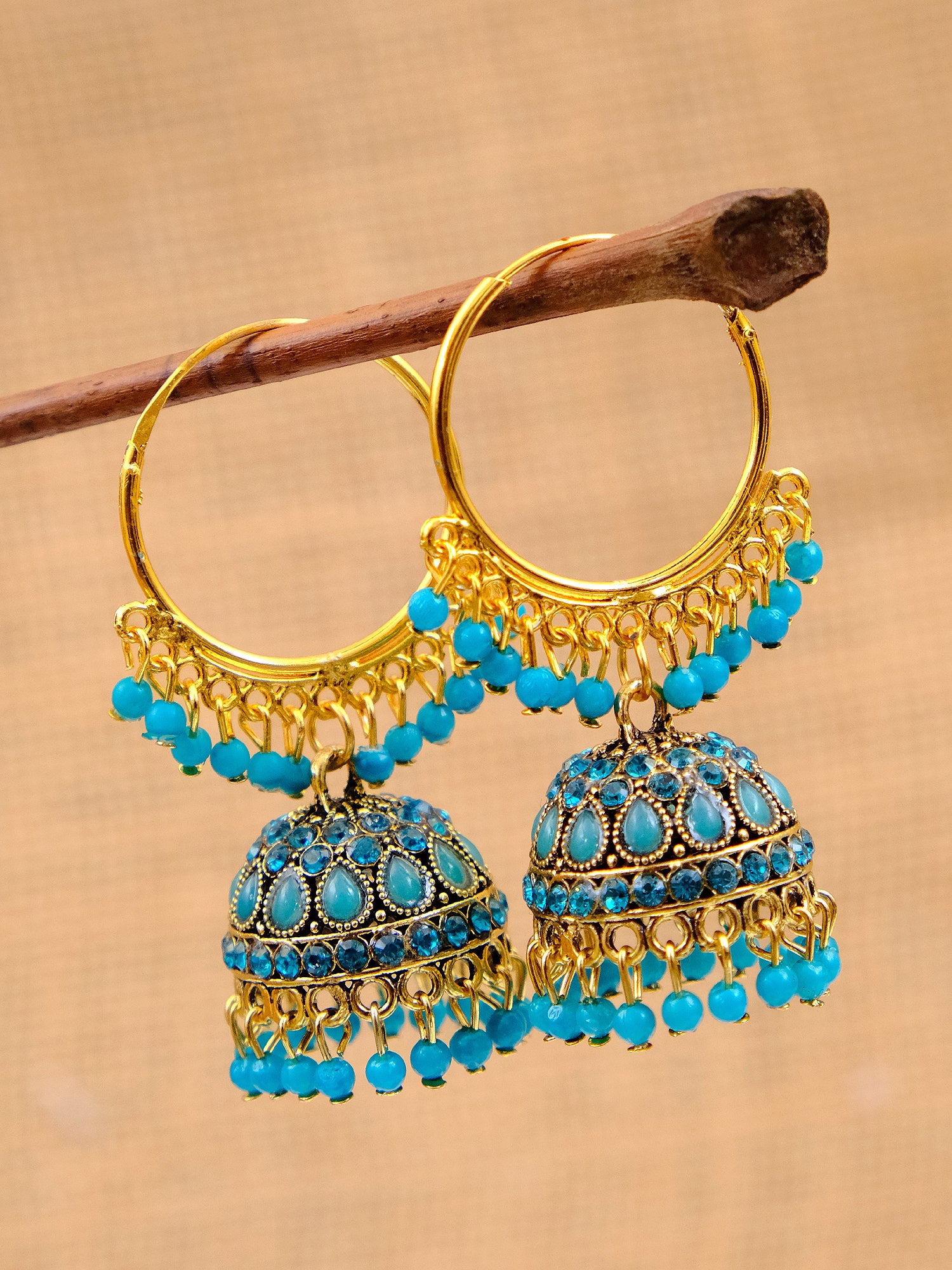 Women's Gold Plated Hoop Earrings with Jhumka - Stylish Stone Studded Red Dangler