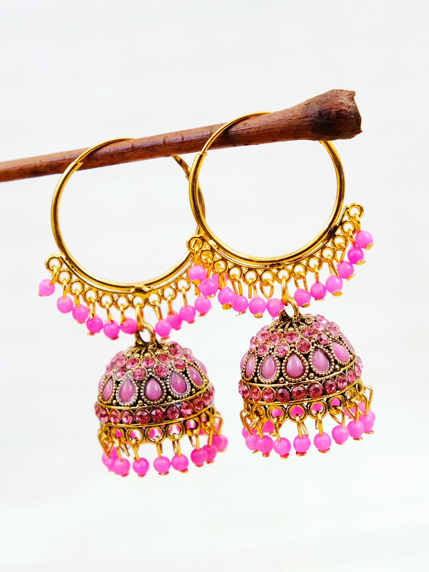 Women's Gold Plated Hoop Earrings with Jhumka - Stylish Stone Studded Red Dangler