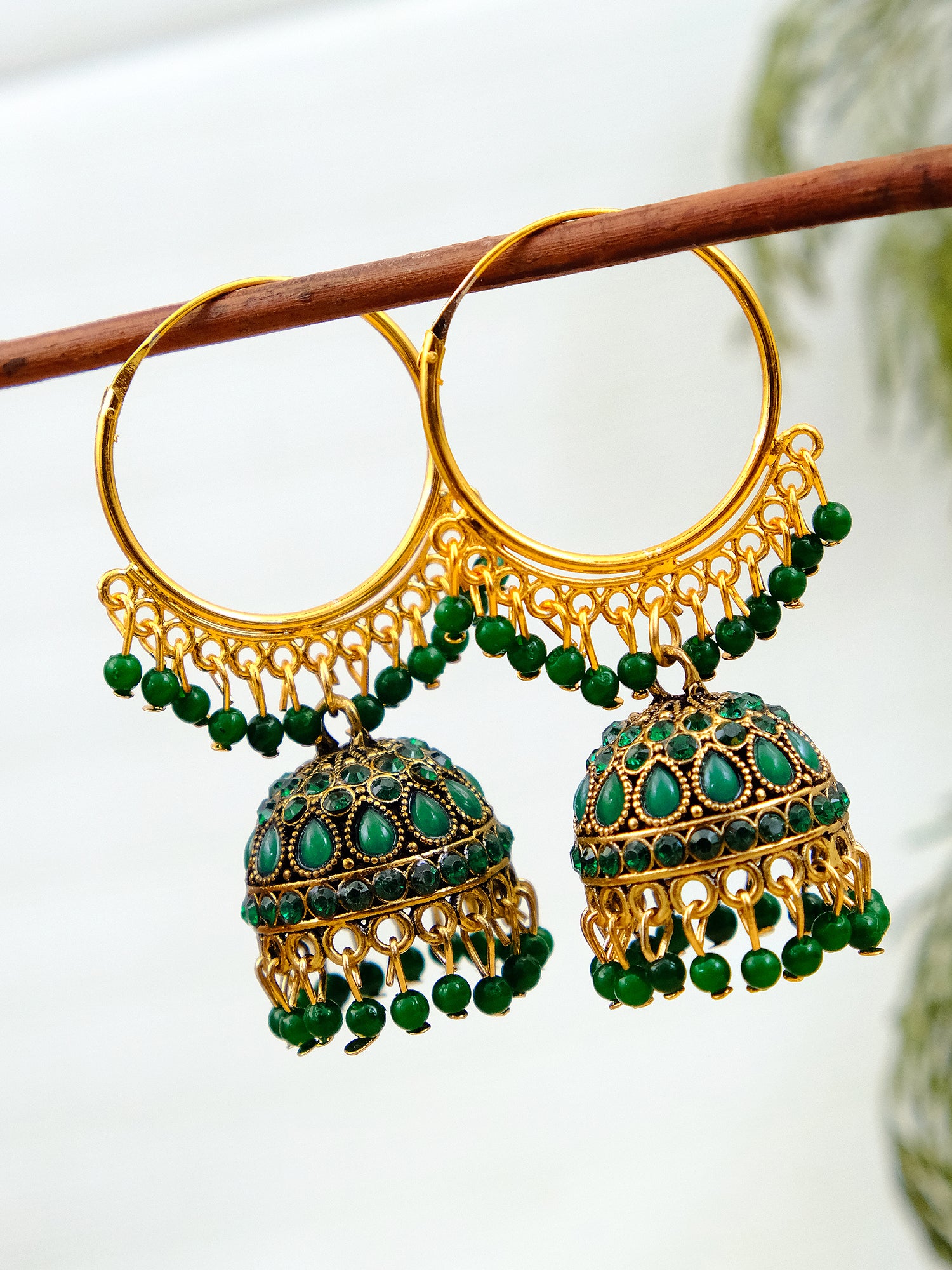 Women's Gold Plated Hoop Earrings with Jhumka - Stylish Stone Studded Red Dangler