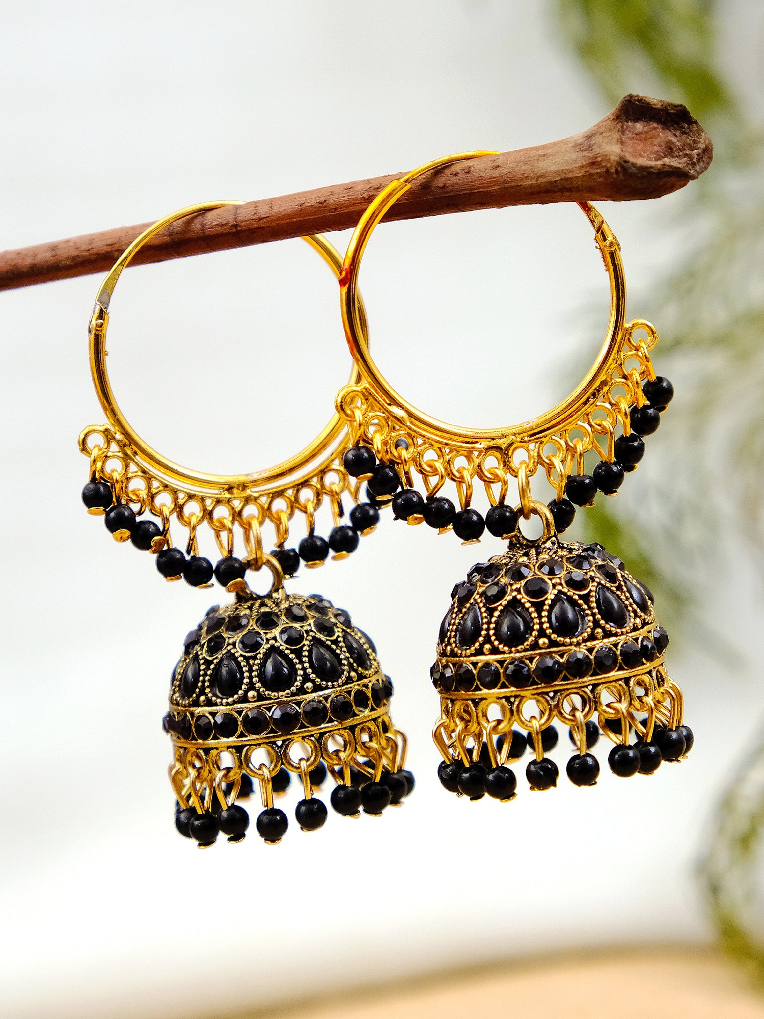Women's Gold Plated Hoop Earrings with Jhumka - Stylish Stone Studded Red Dangler