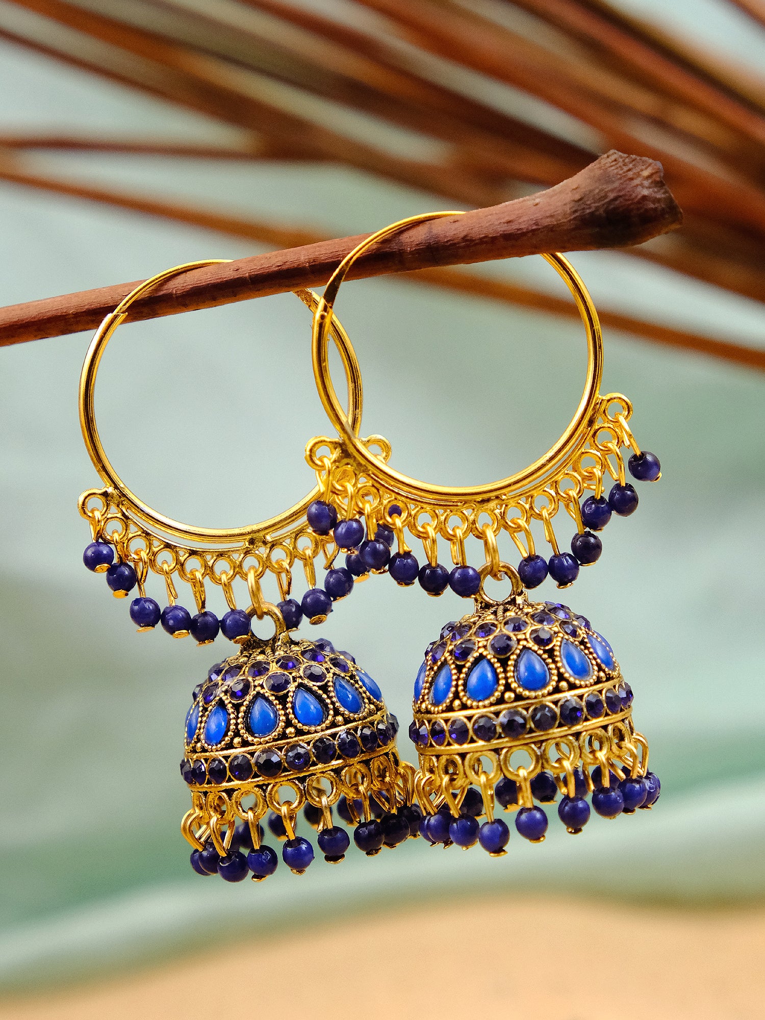 Women's Gold Plated Hoop Earrings with Jhumka - Stylish Stone Studded Red Dangler