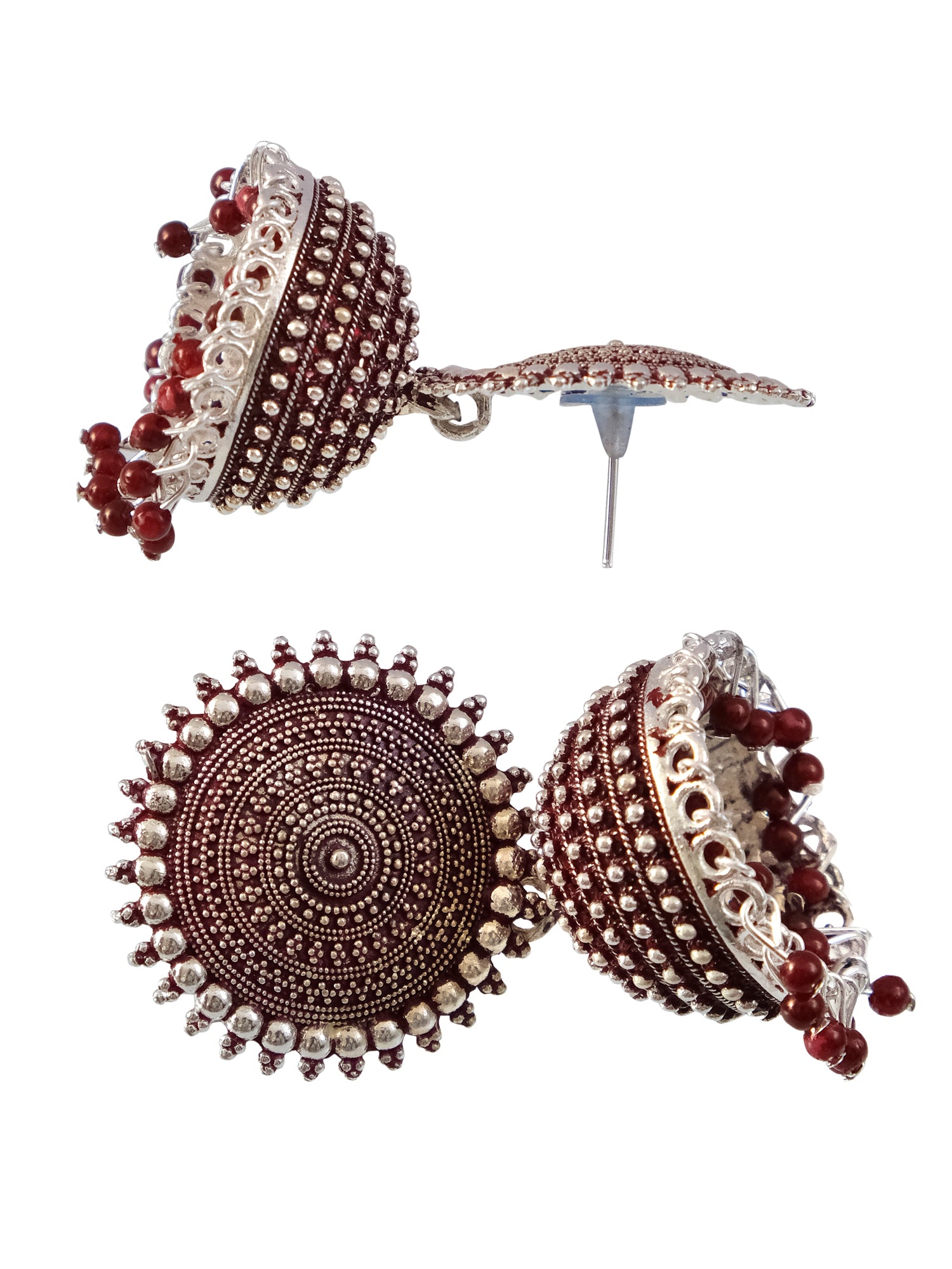 New Design Oxidized German Silver Maroon Jhumka Earrings Set for Women