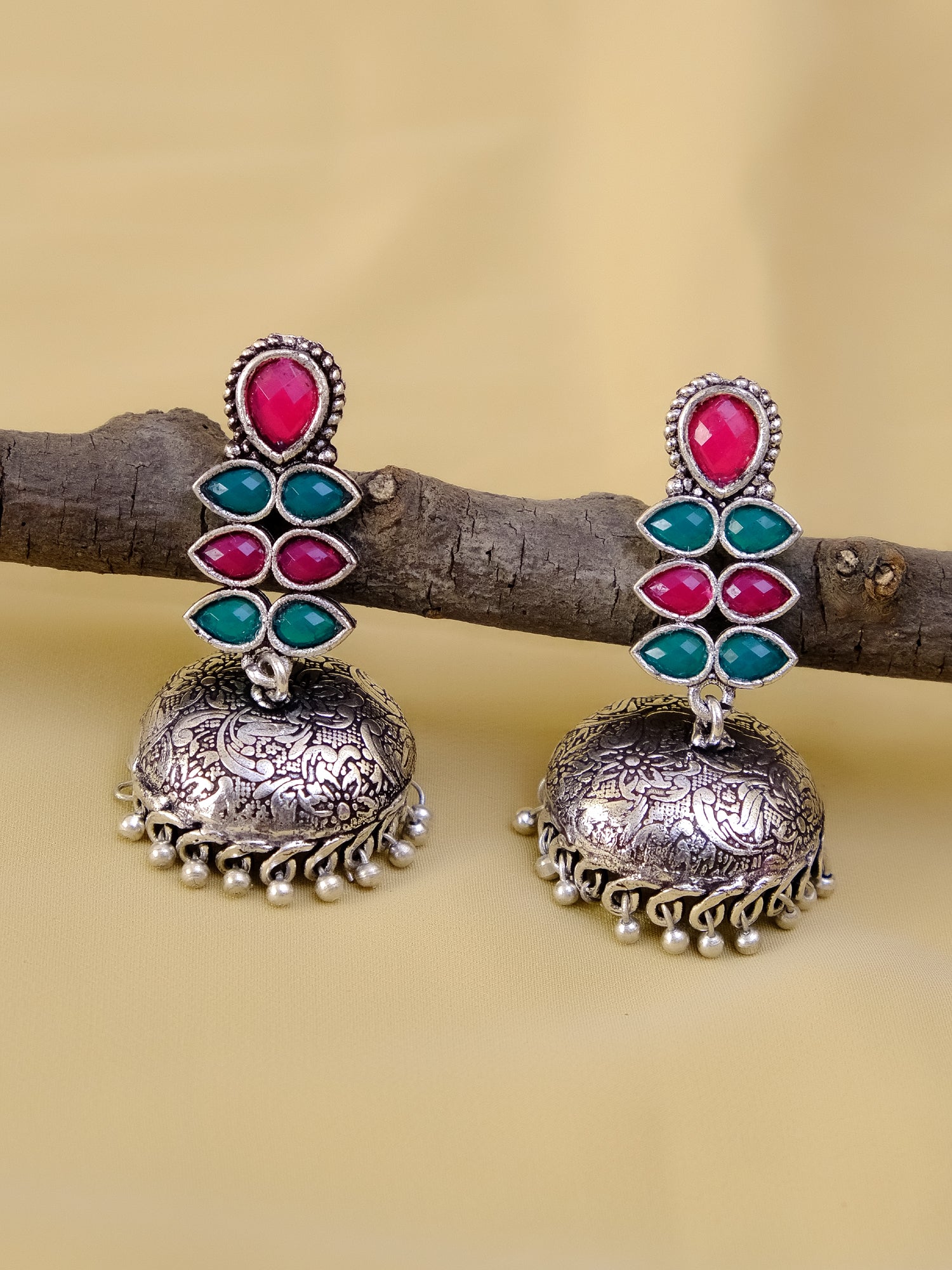 Aria Oxidised Jhumka Earrings with Kundan Stones for Women