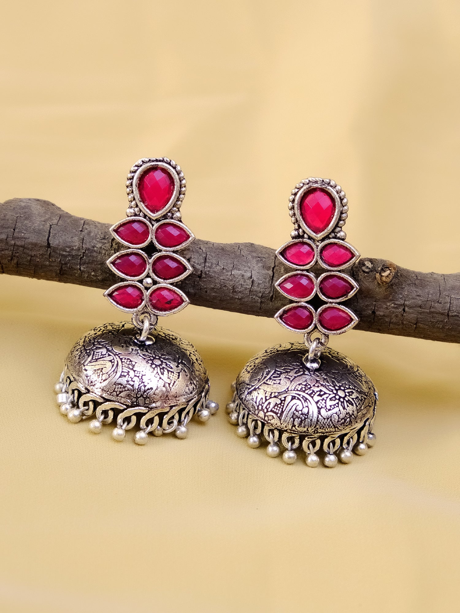 Aria Oxidised Jhumka Earrings with Kundan Stones for Women