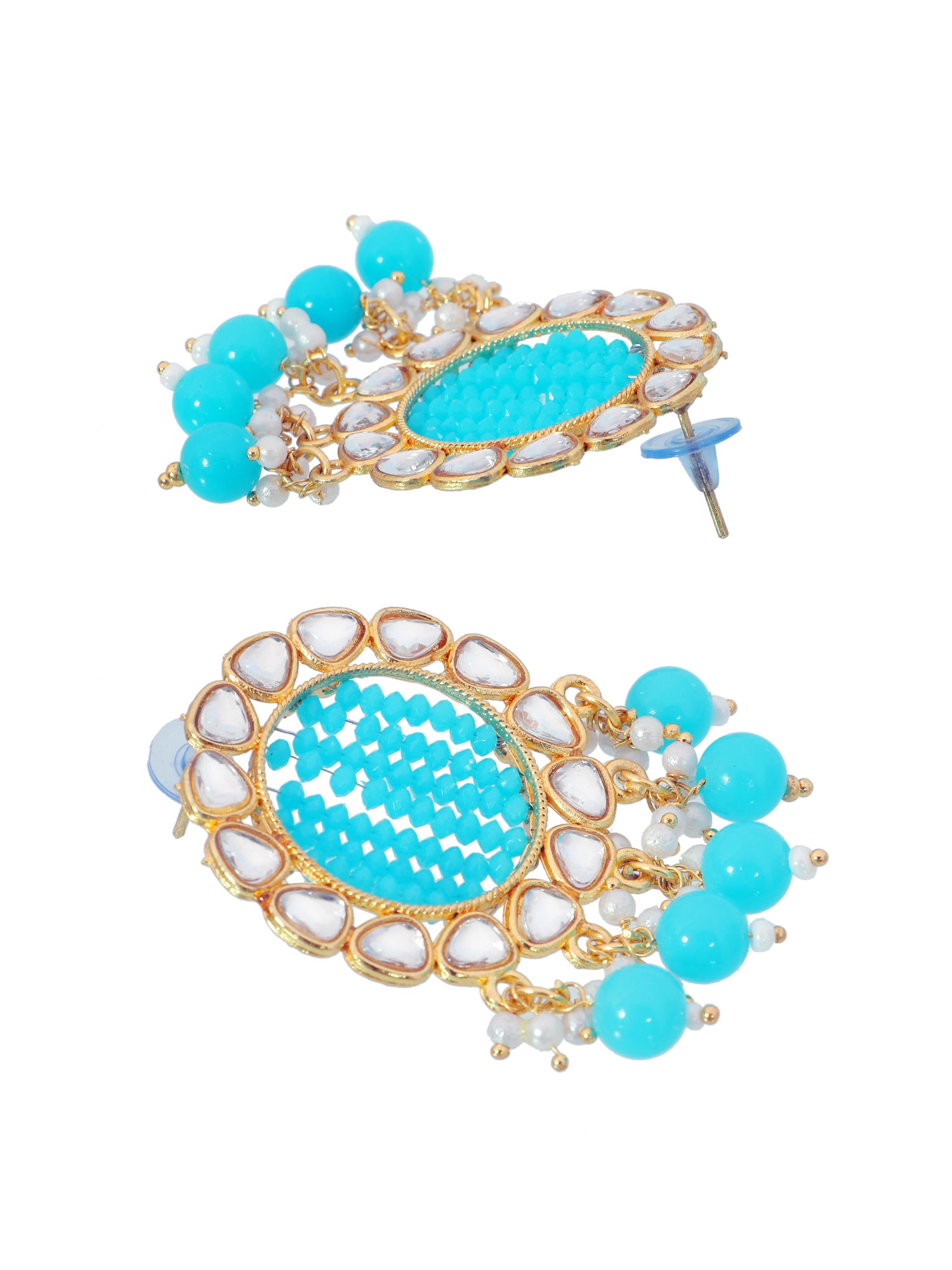 Gold-Plated Grey Kundan and Pearl Earrings with Tika Set