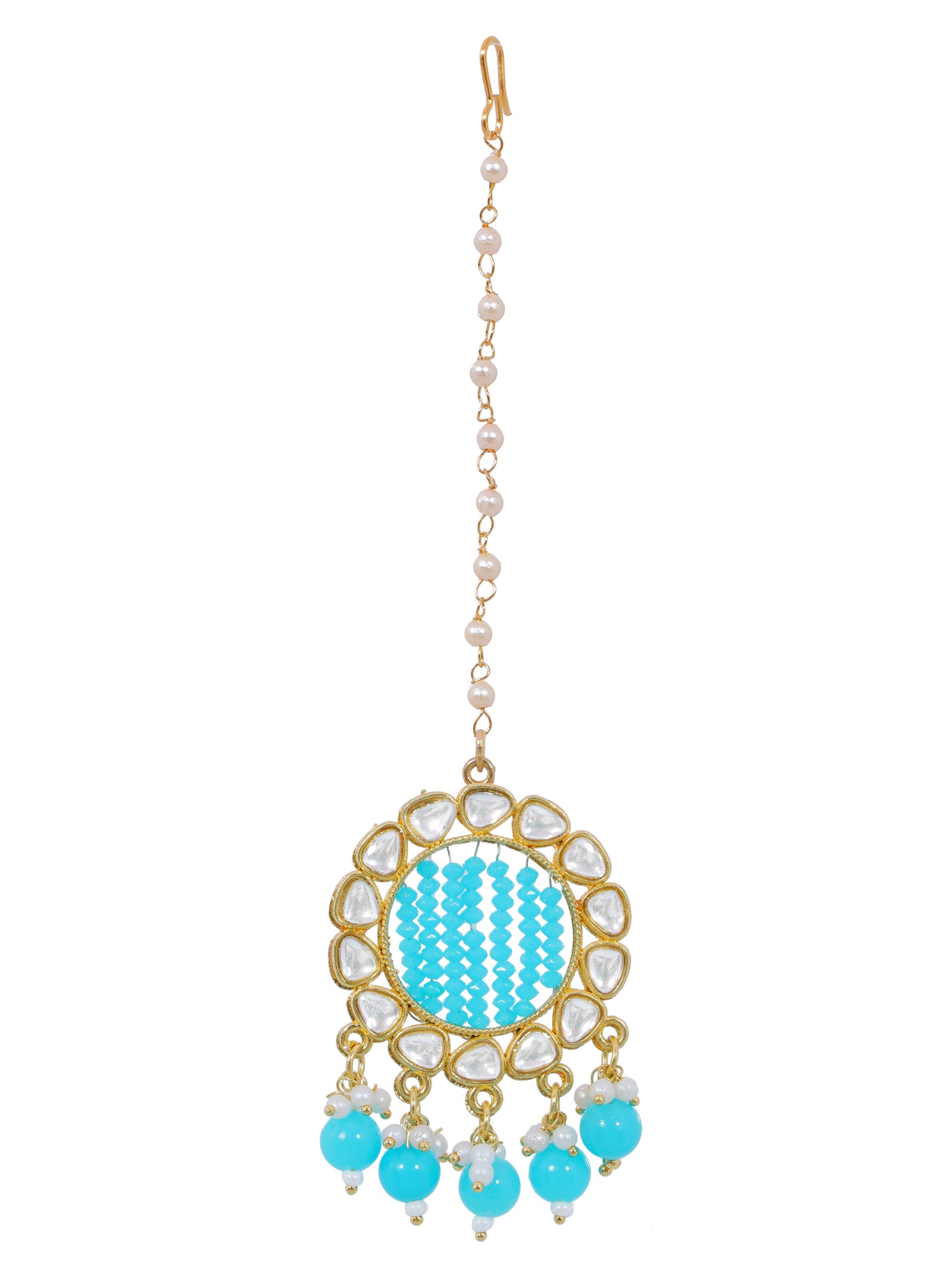 Gold-Plated Grey Kundan and Pearl Earrings with Tika Set