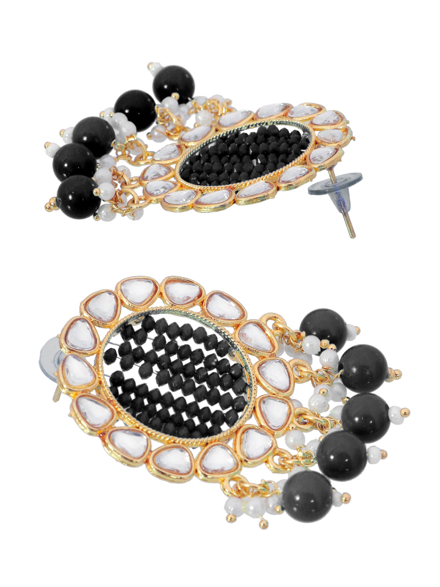 Gold-Plated Grey Kundan and Pearl Earrings with Tika Set